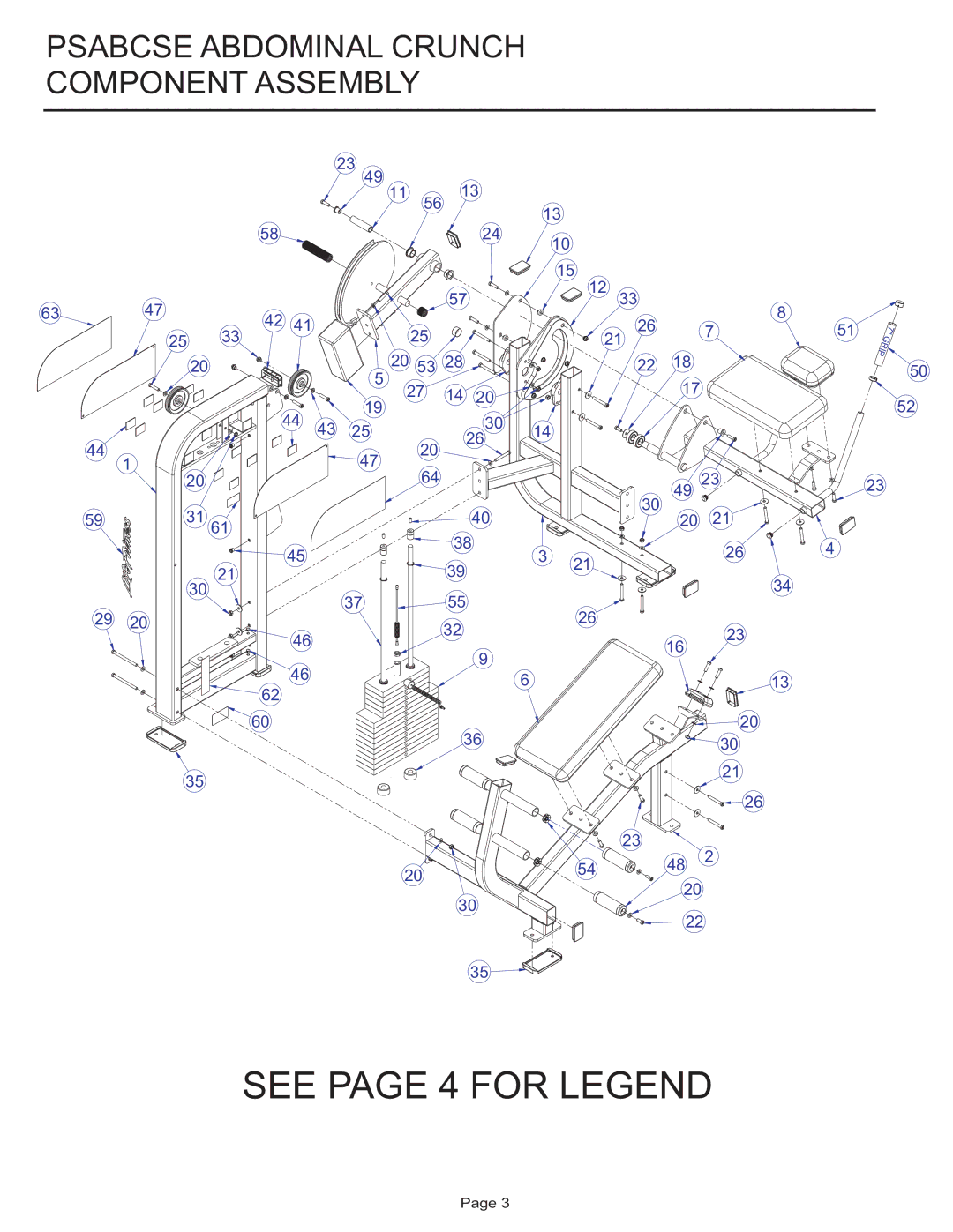 Life Fitness PSABCSE manual See page 4 for Legend, Psabcse Abdominal Crunch Component Assembly 