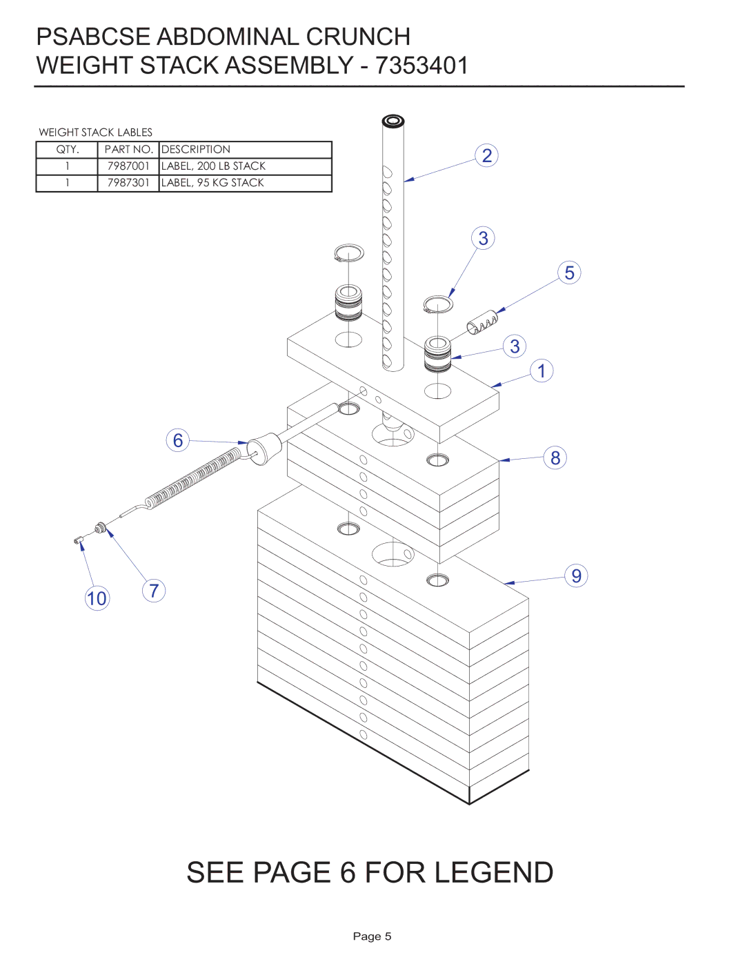 Life Fitness PSABCSE manual See page 6 for Legend, Psabcse Abdominal Crunch Weight Stack Assembly 