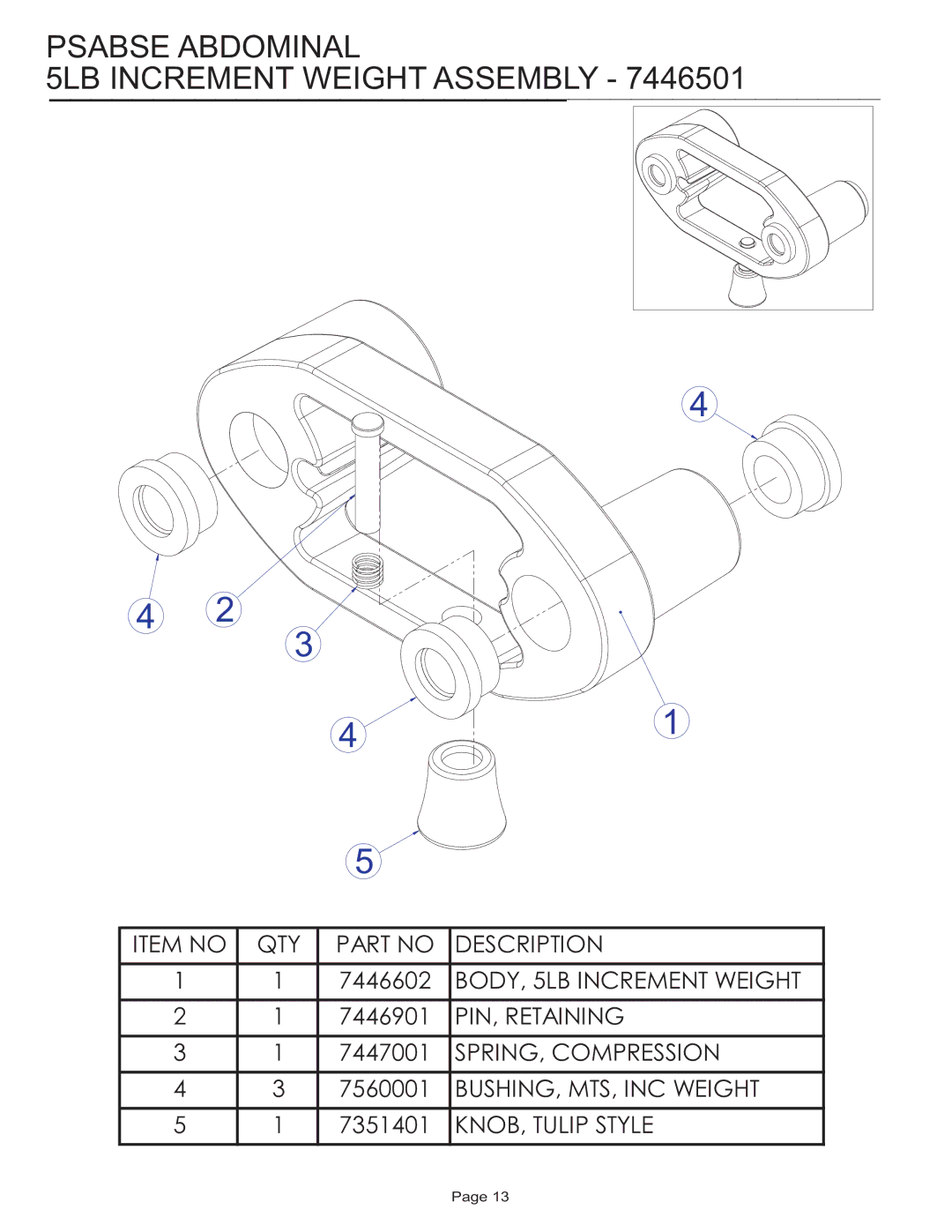 Life Fitness PSABSE manual Psabse Abdominal 5LB Increment Weight Assembly 