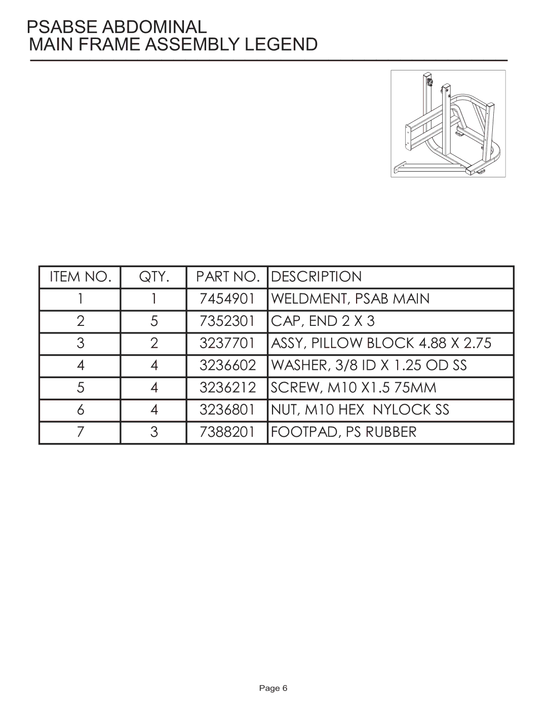 Life Fitness PSABSE manual Psabse Abdominal Main Frame Assembly Legend 