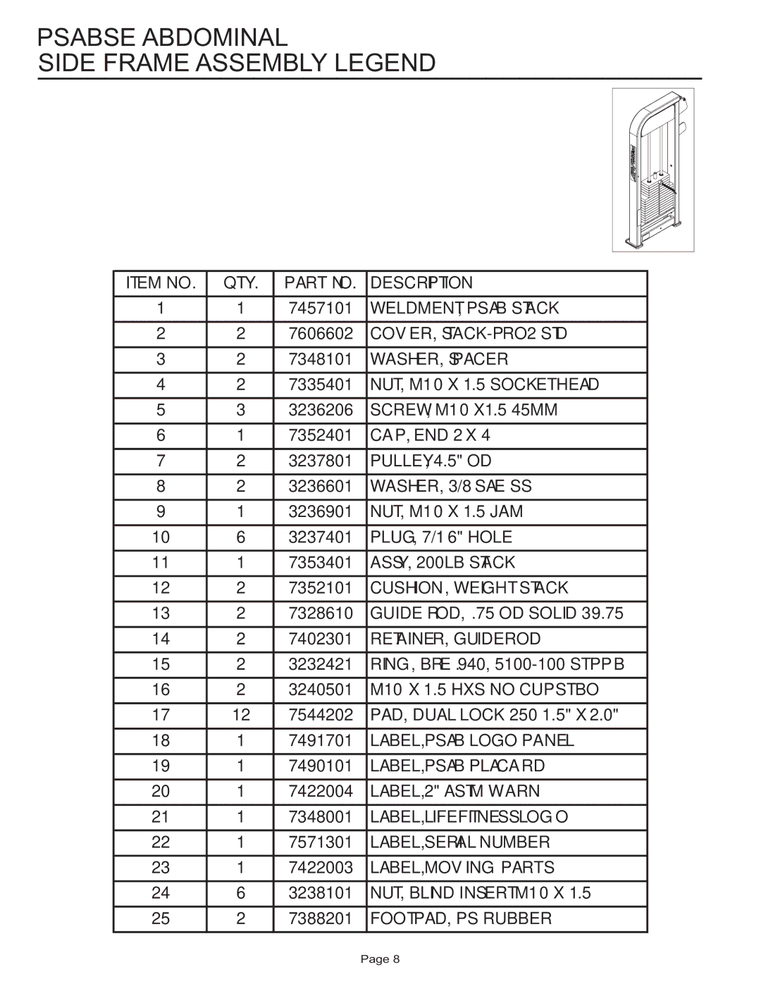 Life Fitness PSABSE manual Psabse Abdominal Side Frame Assembly Legend 