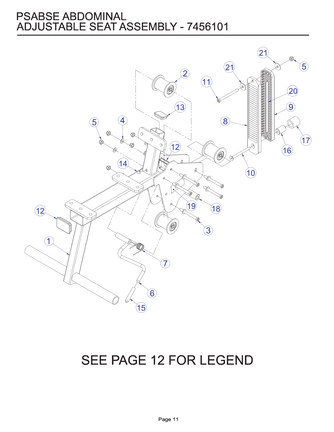 Life Fitness PSABSE manual SEE PAGE 12 FOR LEGEND, Psabse Abdominal Adjustable Seat Assembly, Page 