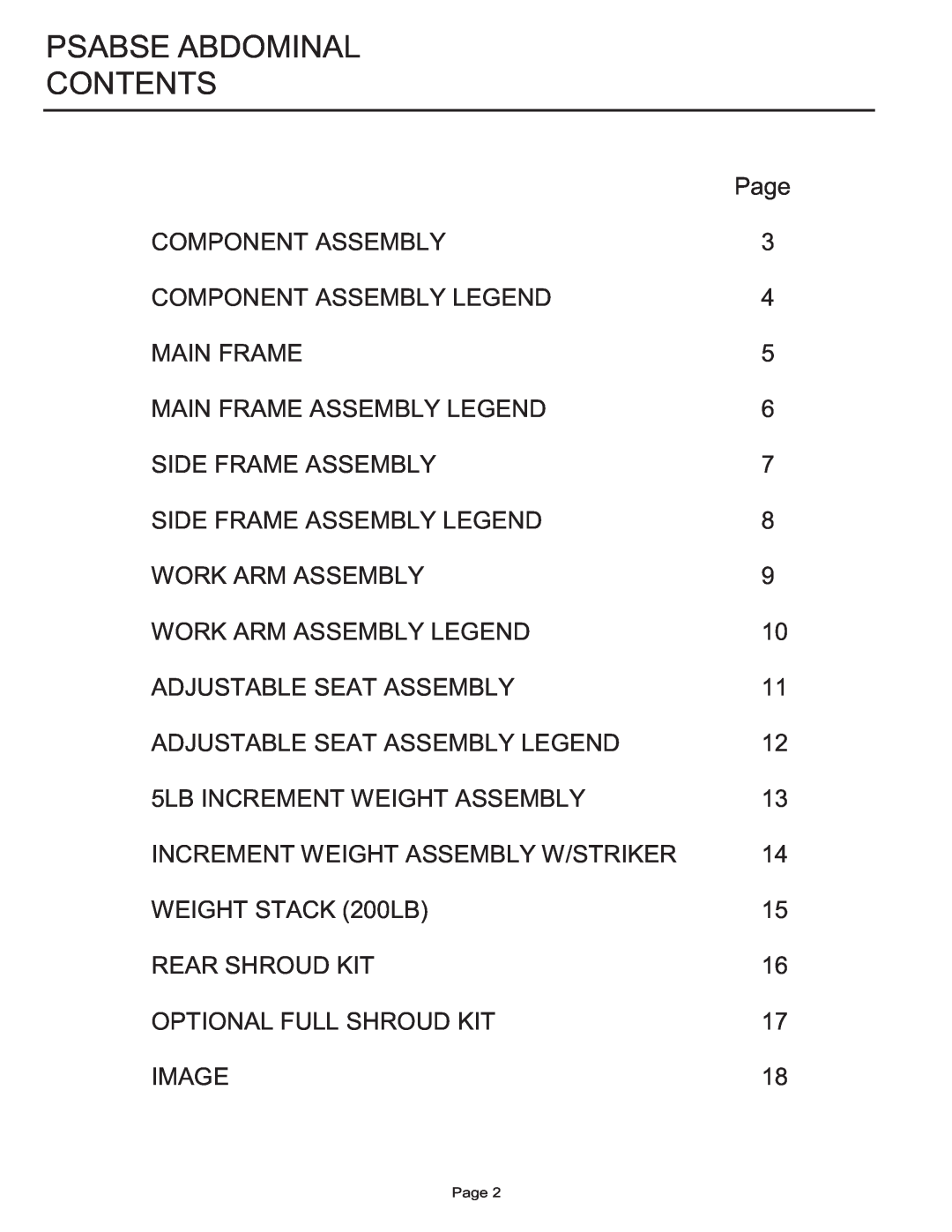 Life Fitness PSABSE manual Psabse Abdominal Contents 