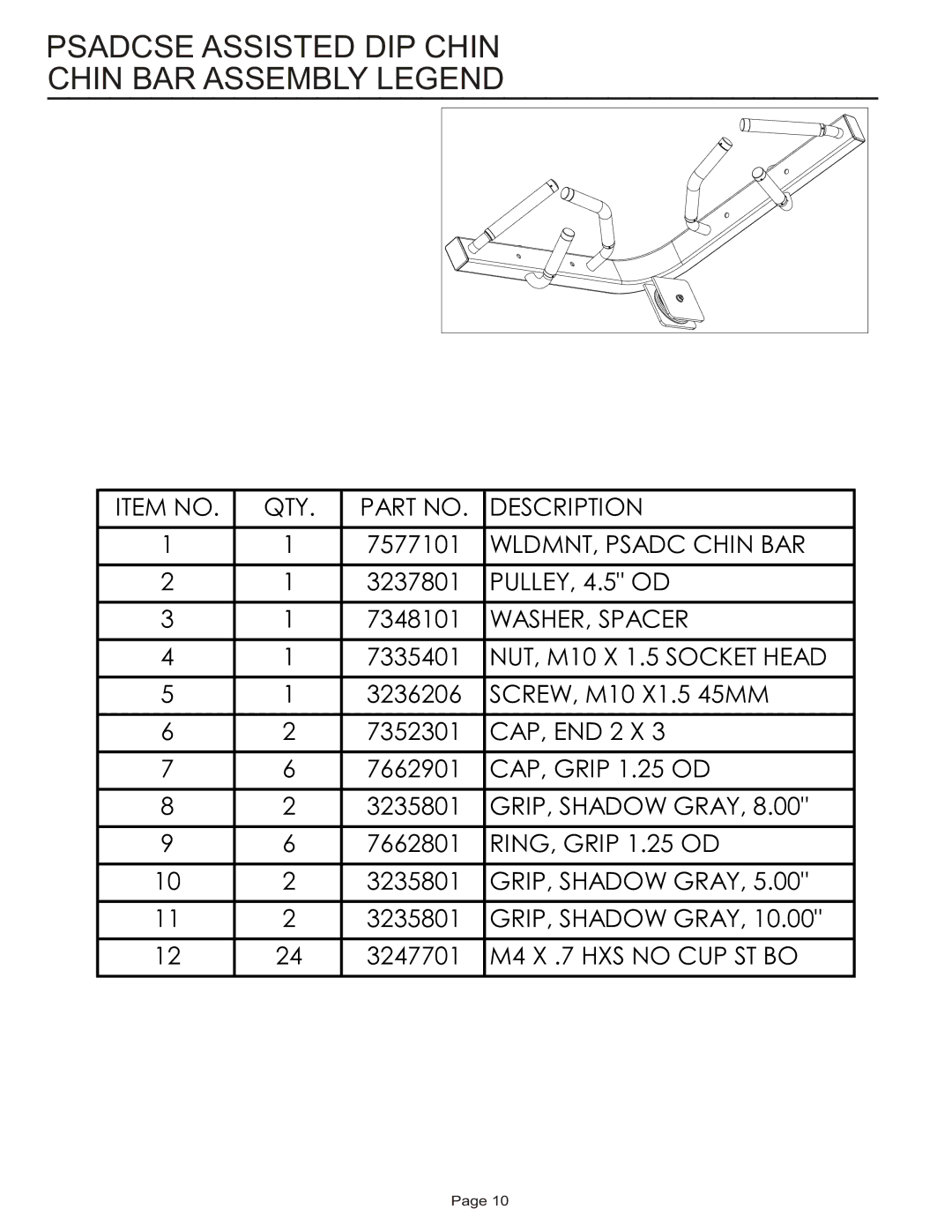 Life Fitness PSADCSE manual Psadcse Assisted DIP Chin Chin BAR Assembly Legend 