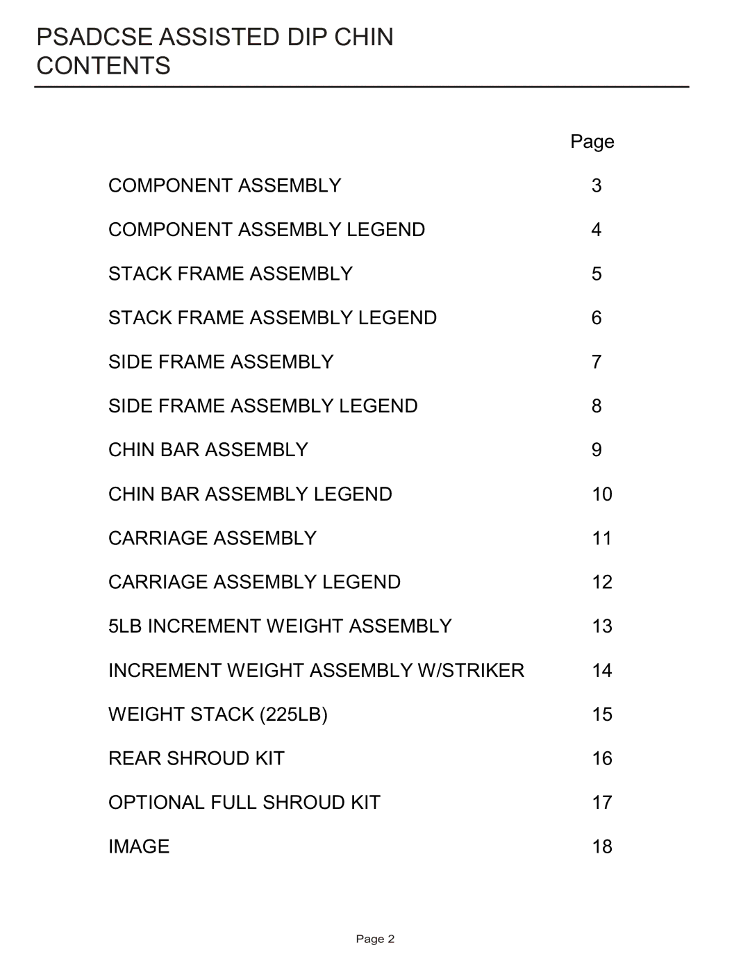 Life Fitness PSADCSE manual Psadcse Assisted DIP Chin Contents 