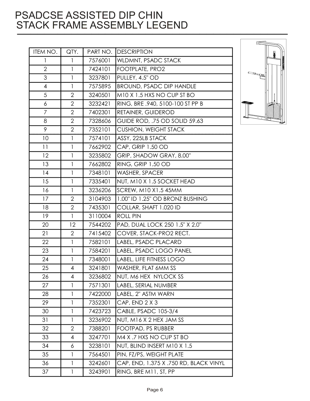 Life Fitness PSADCSE manual Psadcse Assisted DIP Chin Stack Frame Assembly Legend 