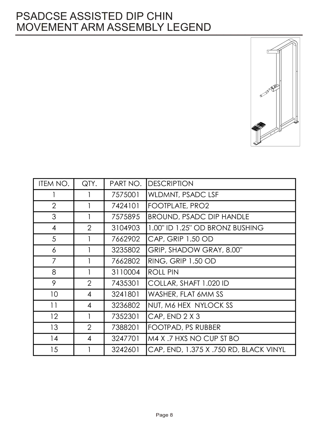 Life Fitness PSADCSE manual Psadcse Assisted DIP Chin Movement ARM Assembly Legend 