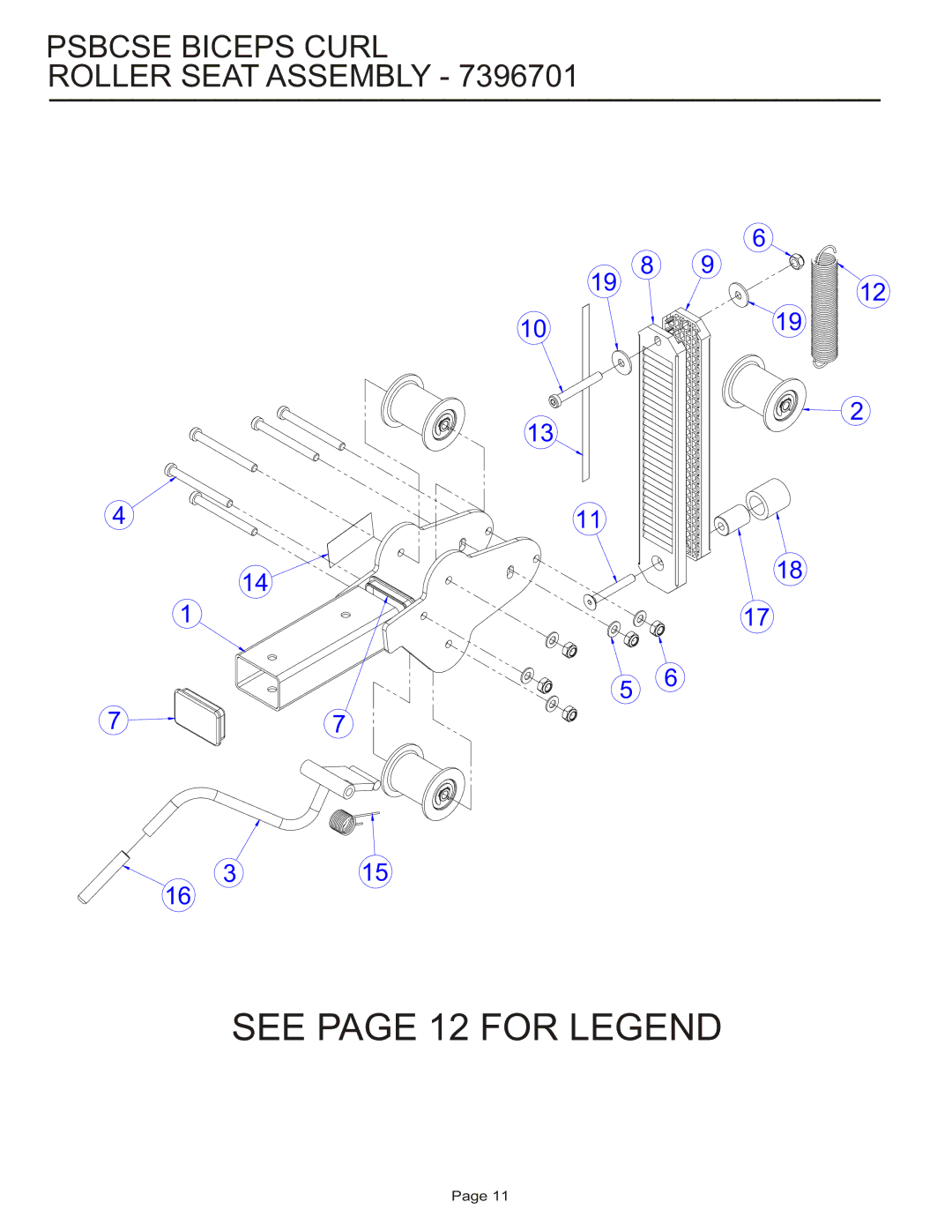 Life Fitness PSBCSE manual See page 12 for Legend, Psbcse Biceps Curl Roller Seat Assembly 