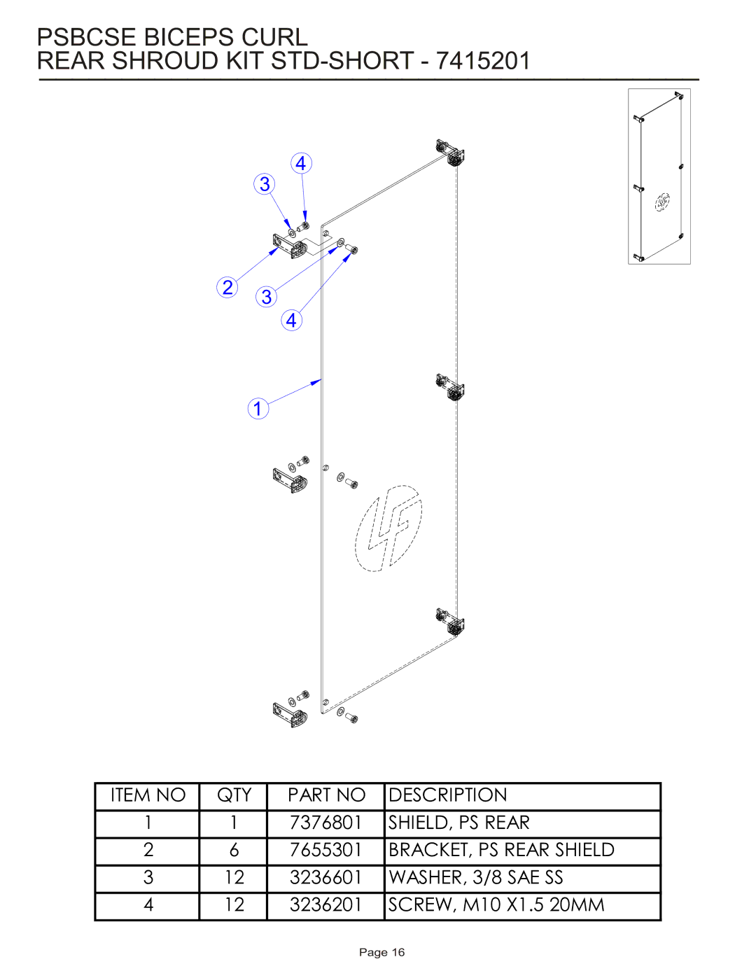 Life Fitness PSBCSE manual Psbcse Biceps Curl Rear Shroud KIT STD-SHORT 