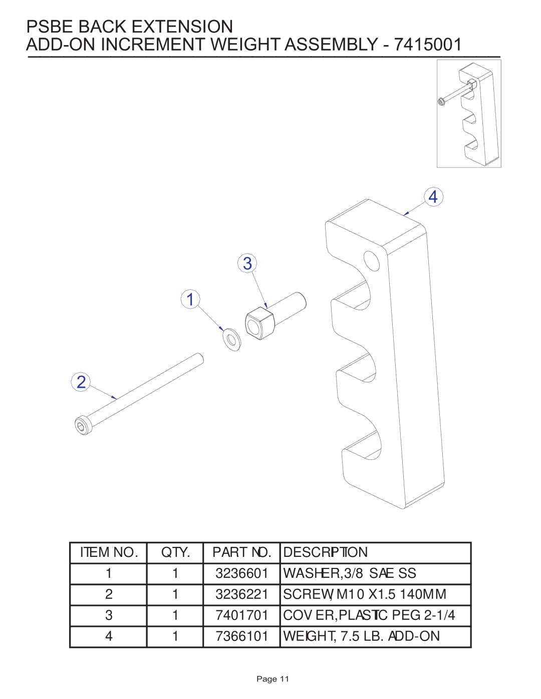 Life Fitness PSBE manual Psbe Back Extension ADD-ON Increment Weight Assembly 