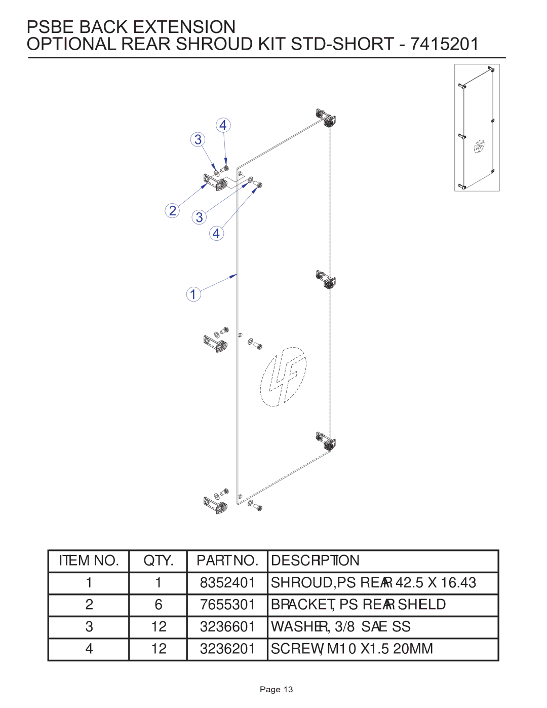 Life Fitness PSBE manual Psbe Back Extension Optional Rear Shroud KIT STD-SHORT 