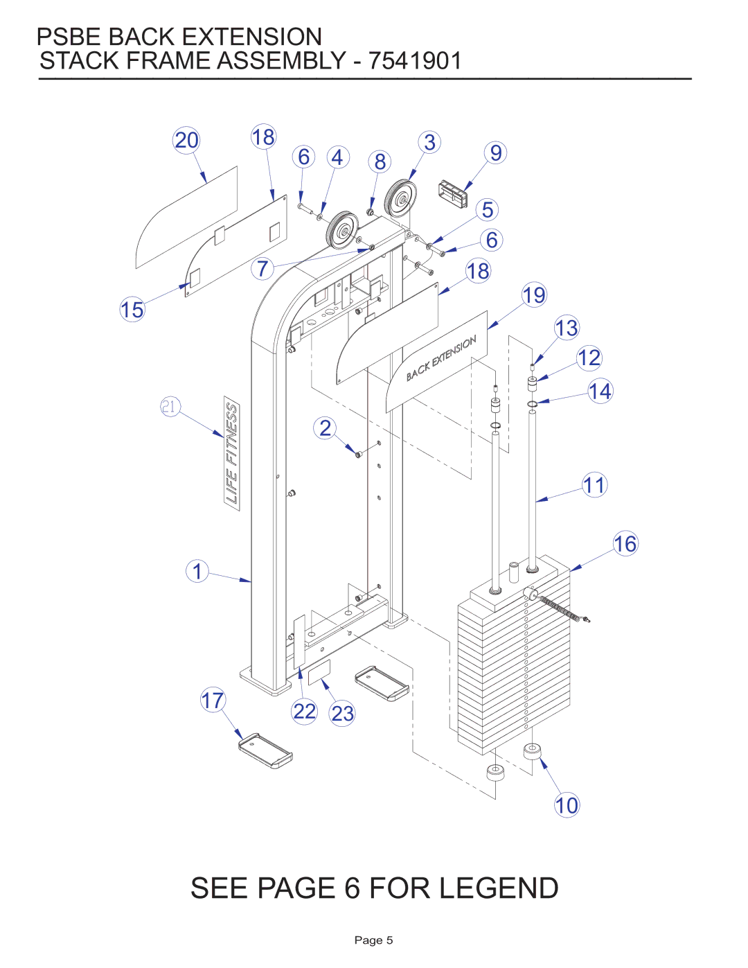 Life Fitness PSBE manual See page 6 for Legend, Psbe Back Extension Stack Frame Assembly 