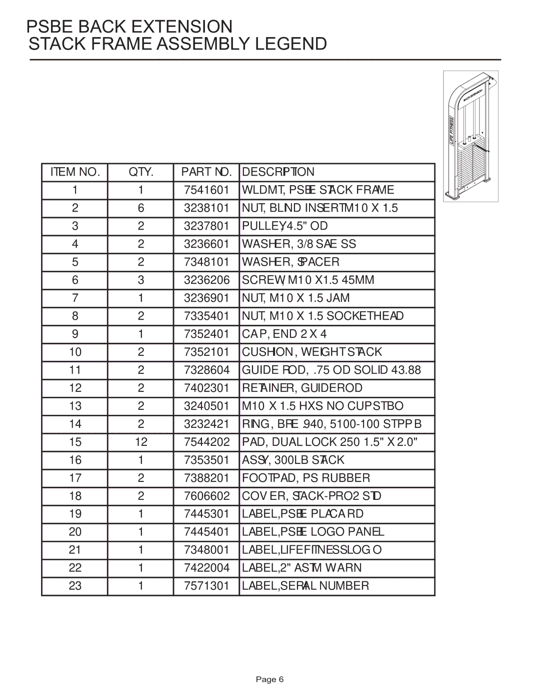 Life Fitness PSBE manual Psbe Back Extension Stack Frame Assembly Legend 