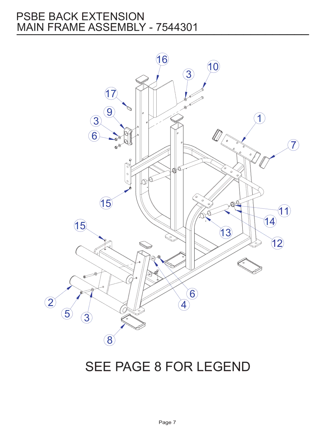 Life Fitness PSBE manual See page 8 for Legend, Psbe Back Extension Main Frame Assembly 