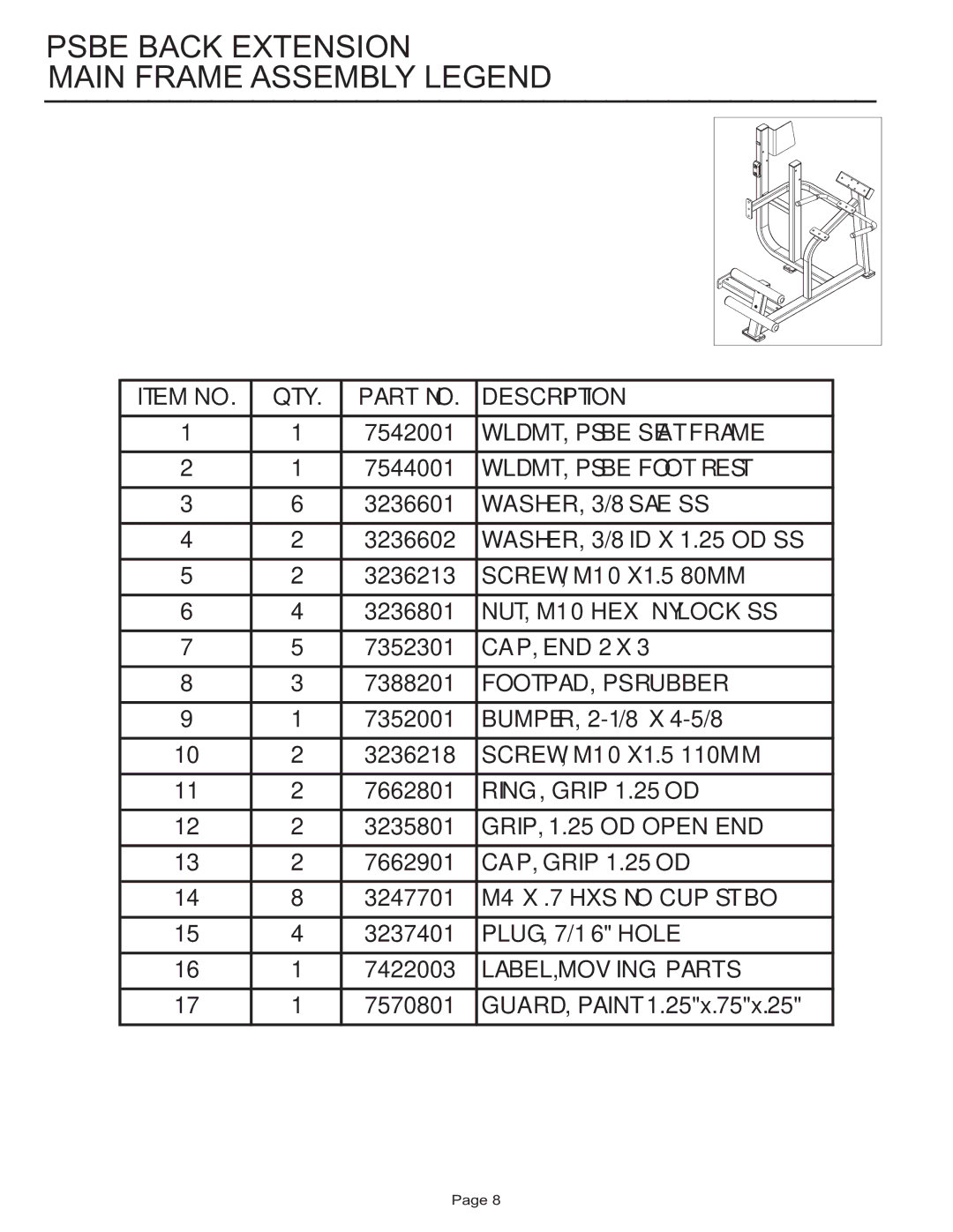 Life Fitness PSBE manual Psbe Back Extension Main Frame Assembly Legend 