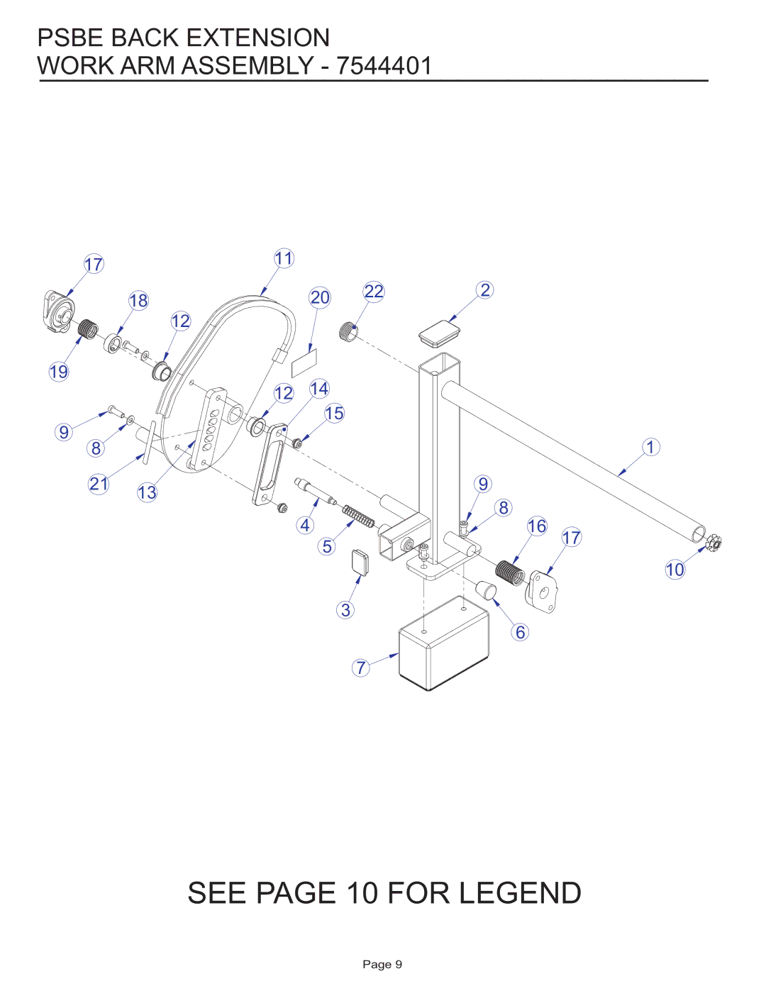 Life Fitness PSBE manual See page 10 for Legend, Psbe Back Extension Work ARM Assembly 