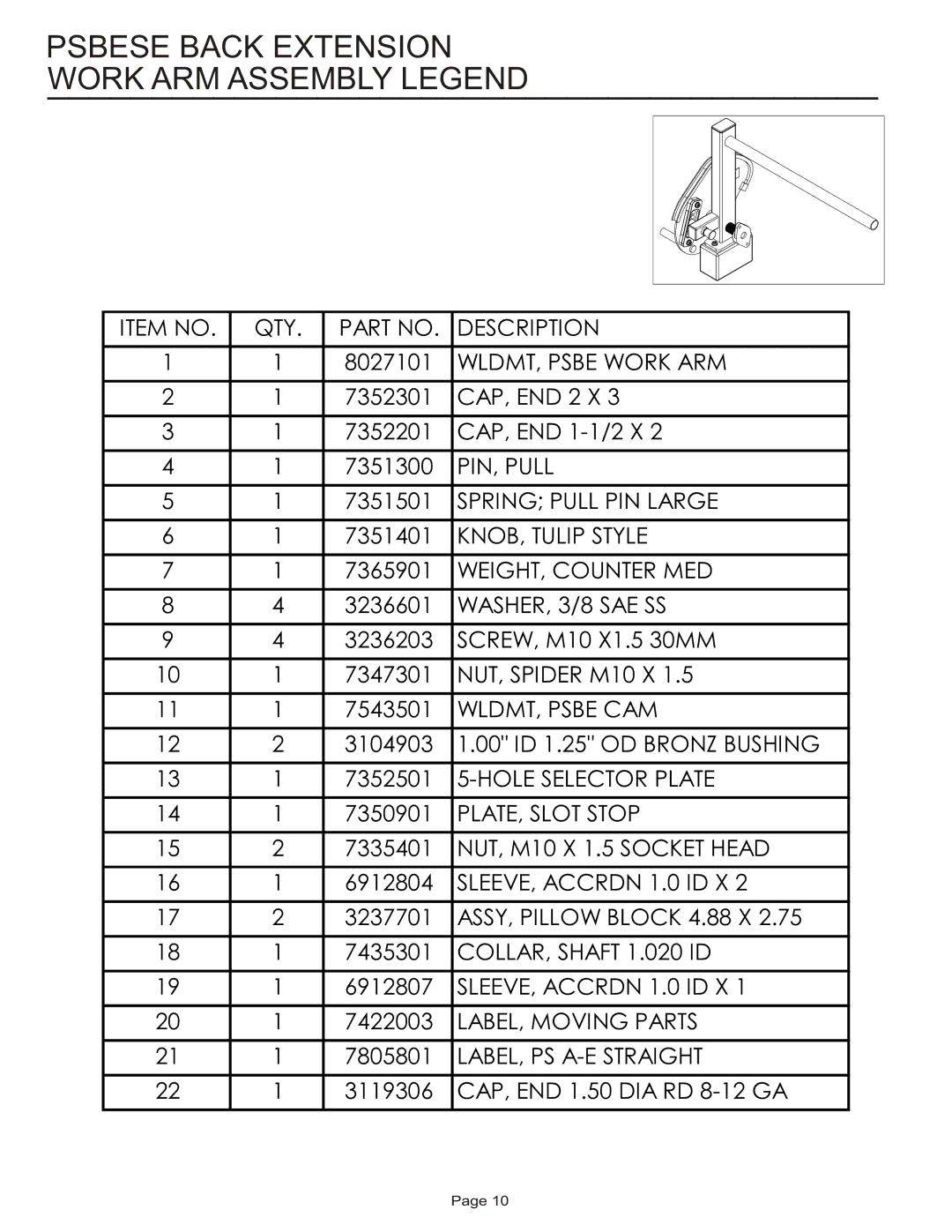 Life Fitness PSBESE manual Psbese Back Extension Work ARM Assembly Legend 