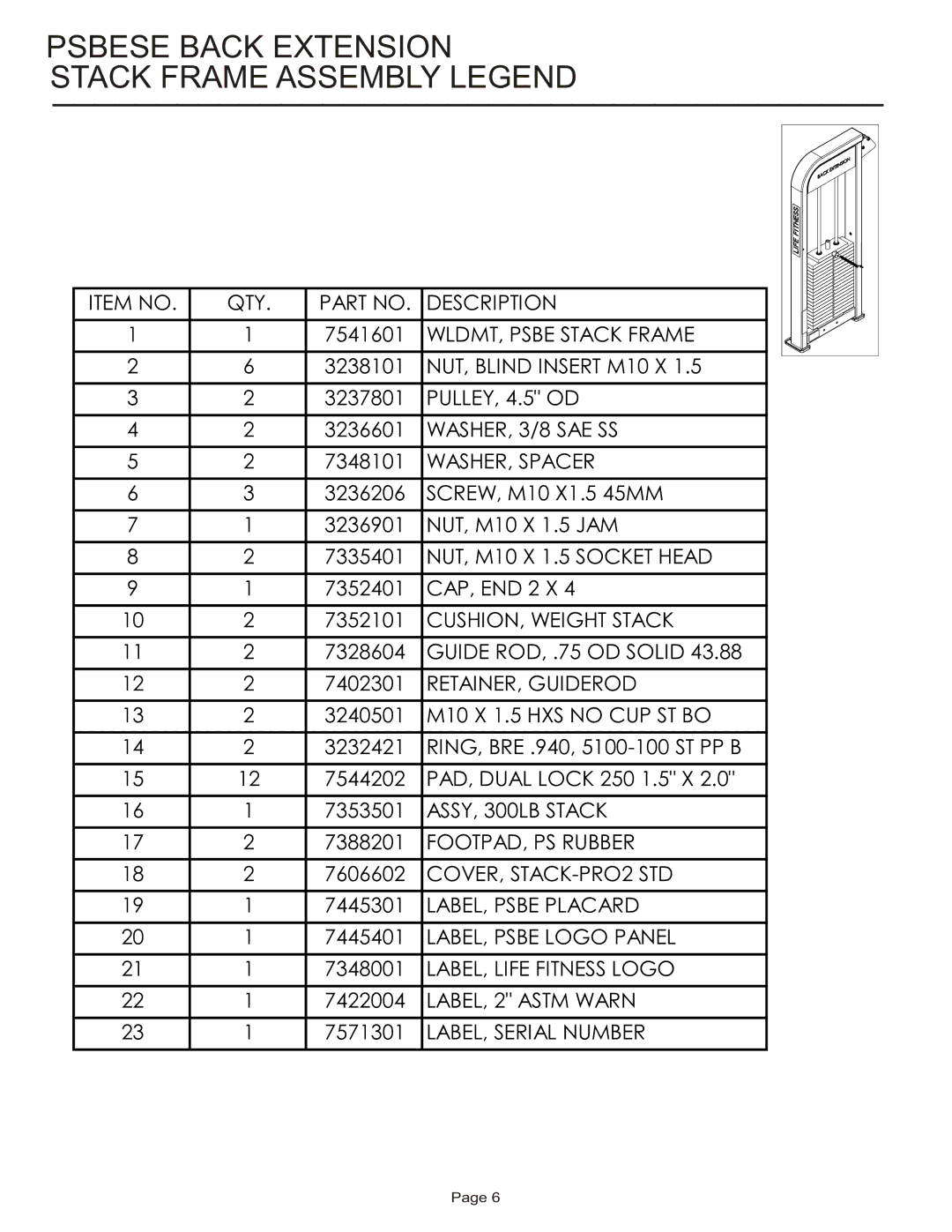 Life Fitness PSBESE manual Psbese Back Extension Stack Frame Assembly Legend 