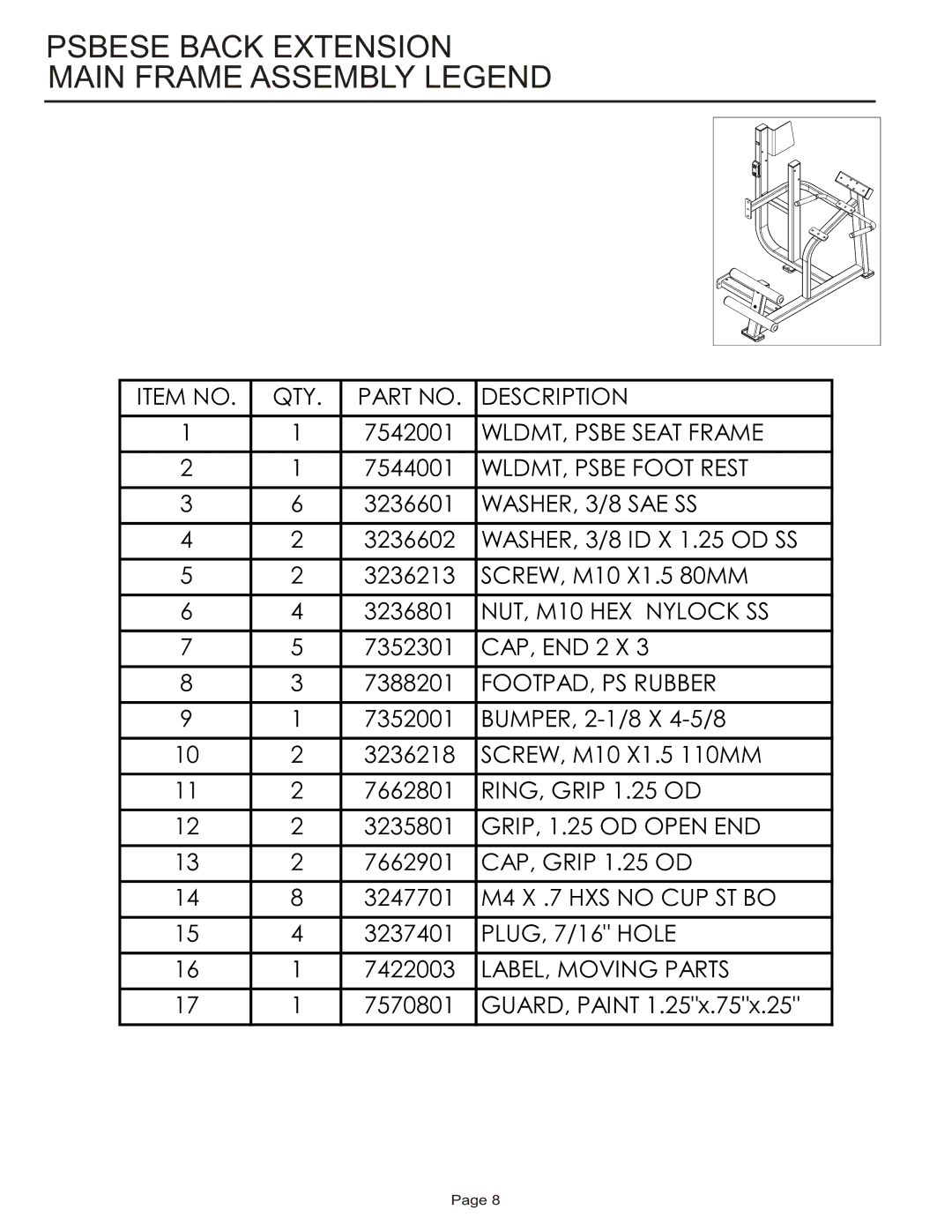 Life Fitness PSBESE manual Psbese Back Extension Main Frame Assembly Legend 