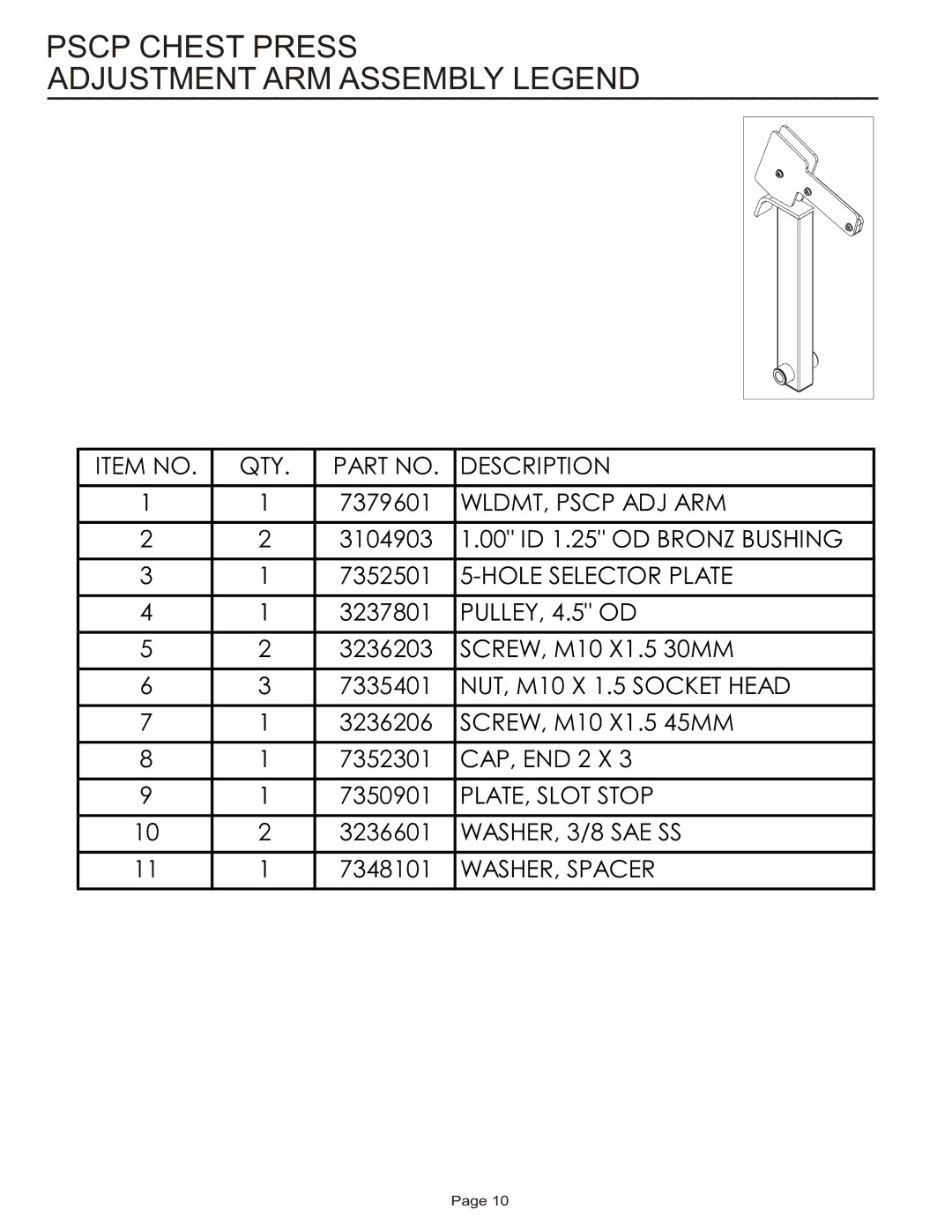 Life Fitness PSCP manual Pscp Chest Press Adjustment ARM Assembly Legend 