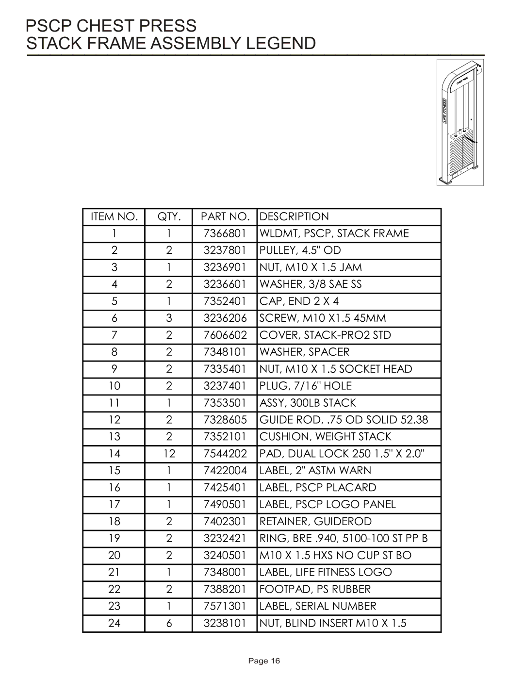 Life Fitness PSCP manual Pscp Chest Press Stack Frame Assembly Legend 