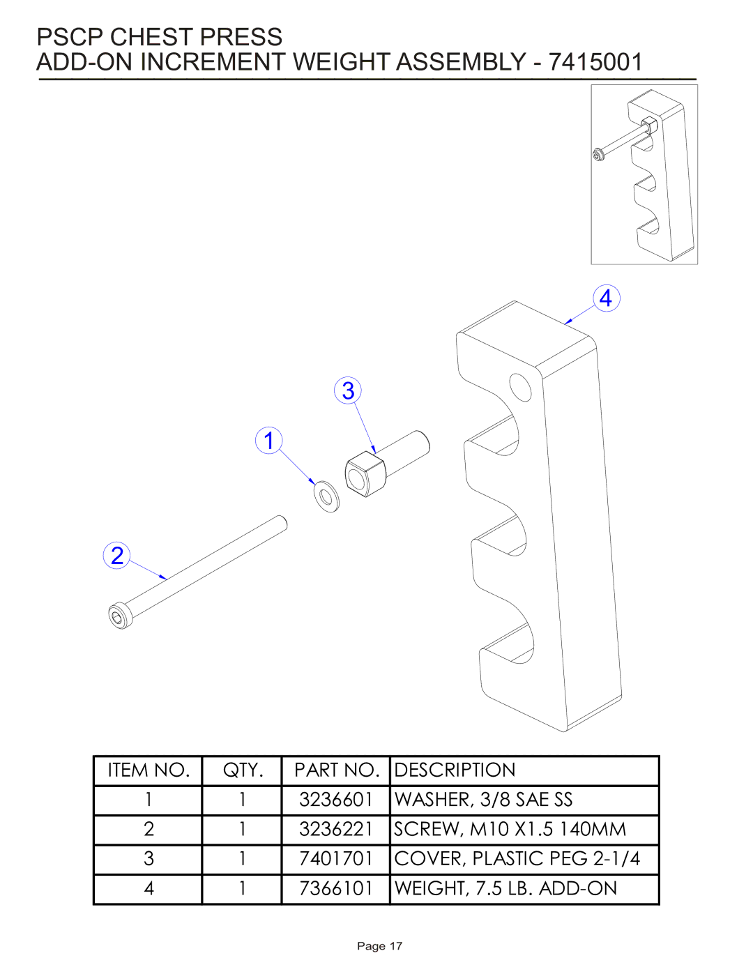 Life Fitness PSCP manual Pscp Chest Press ADD-ON Increment Weight Assembly 