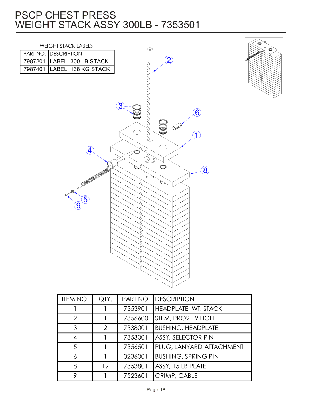 Life Fitness PSCP manual Pscp Chest Press Weight Stack Assy 300LB 