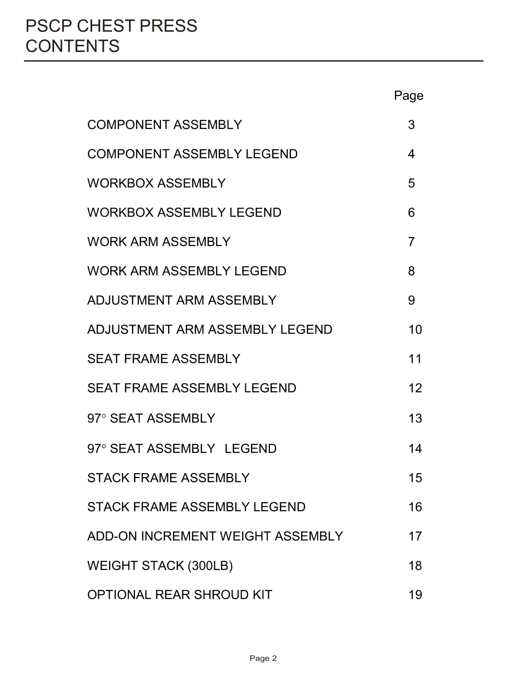 Life Fitness PSCP manual Pscp Chest Press Contents 