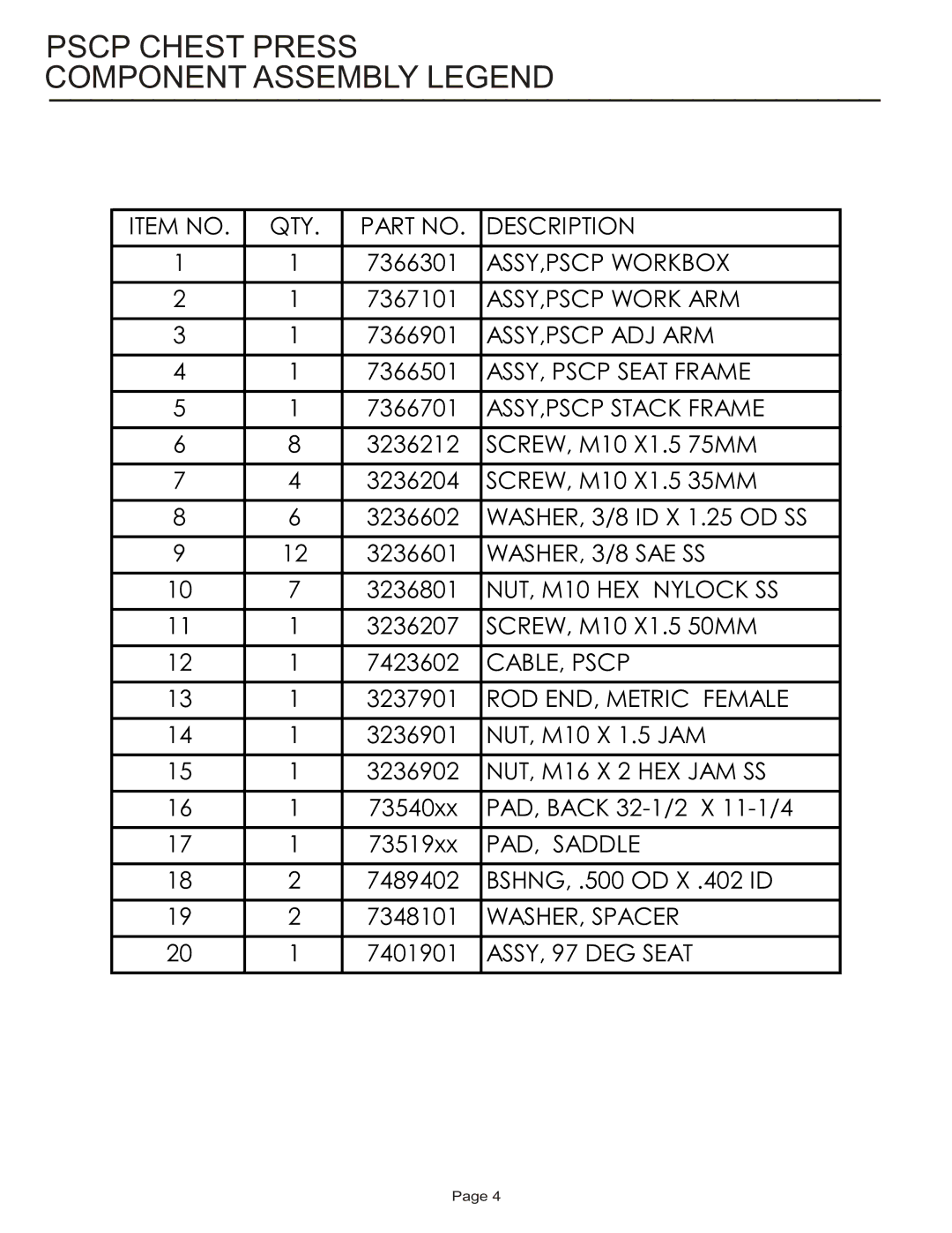 Life Fitness manual Pscp Chest Press Component Assembly Legend, ASSY,PSCP Stack Frame 