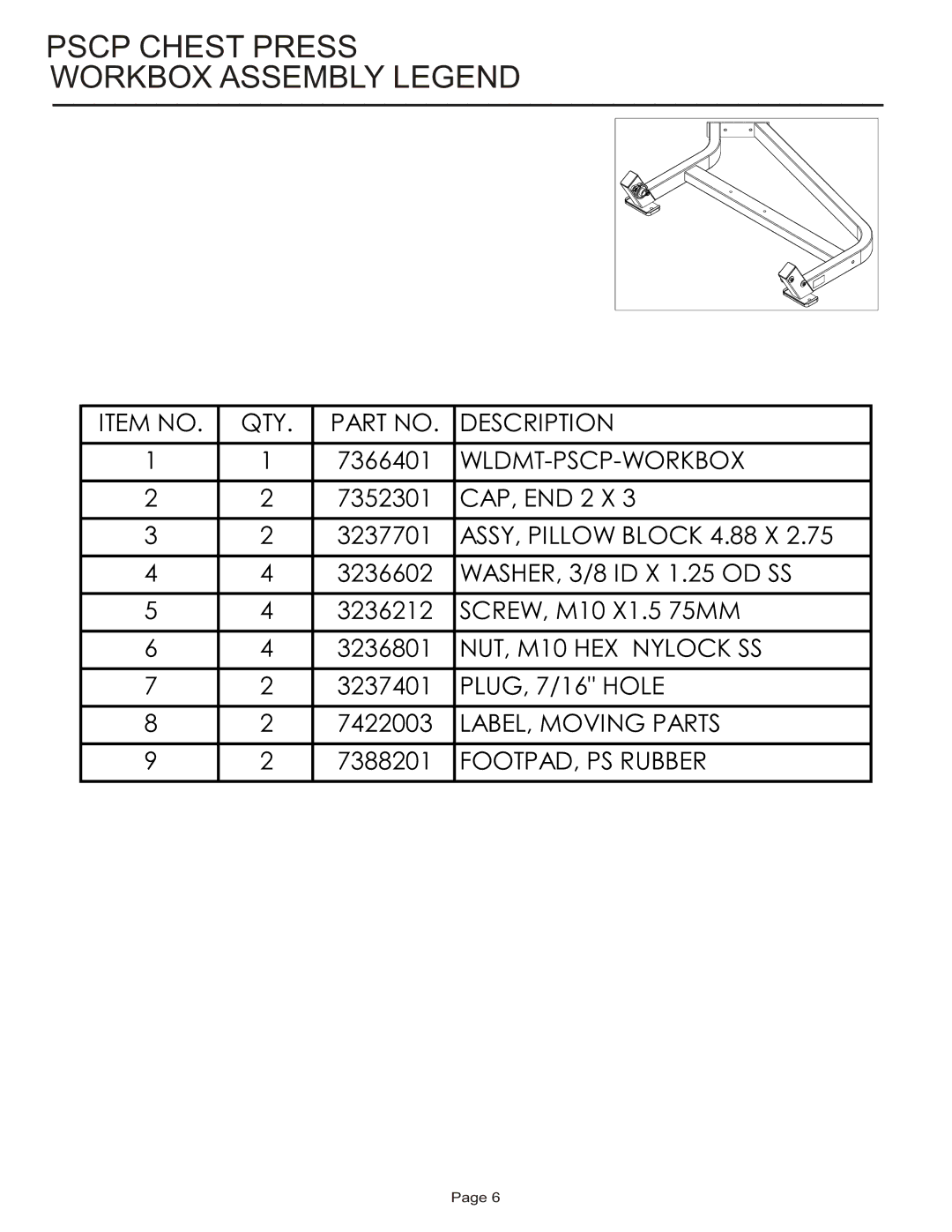 Life Fitness PSCP manual Pscp Chest Press Workbox Assembly Legend 