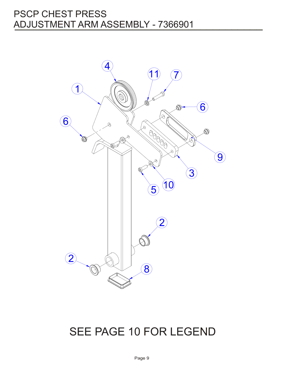 Life Fitness PSCP manual See page 10 for Legend, Pscp Chest Press Adjustment ARM Assembly 