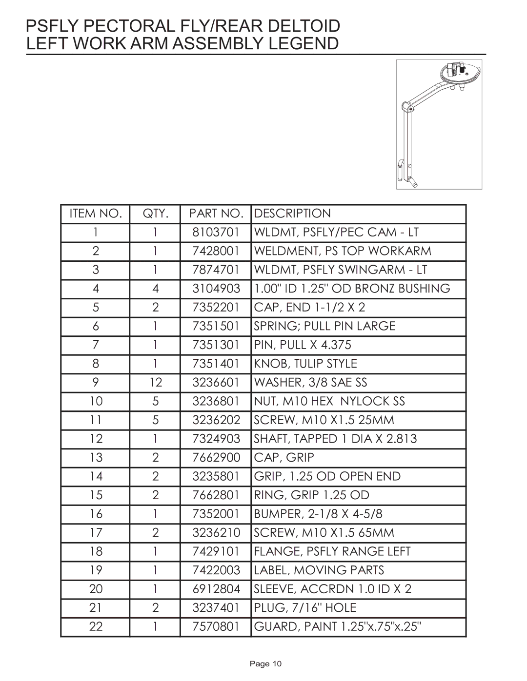 Life Fitness PSFLY manual Wldmt, Psfly/Pec Cam Lt 