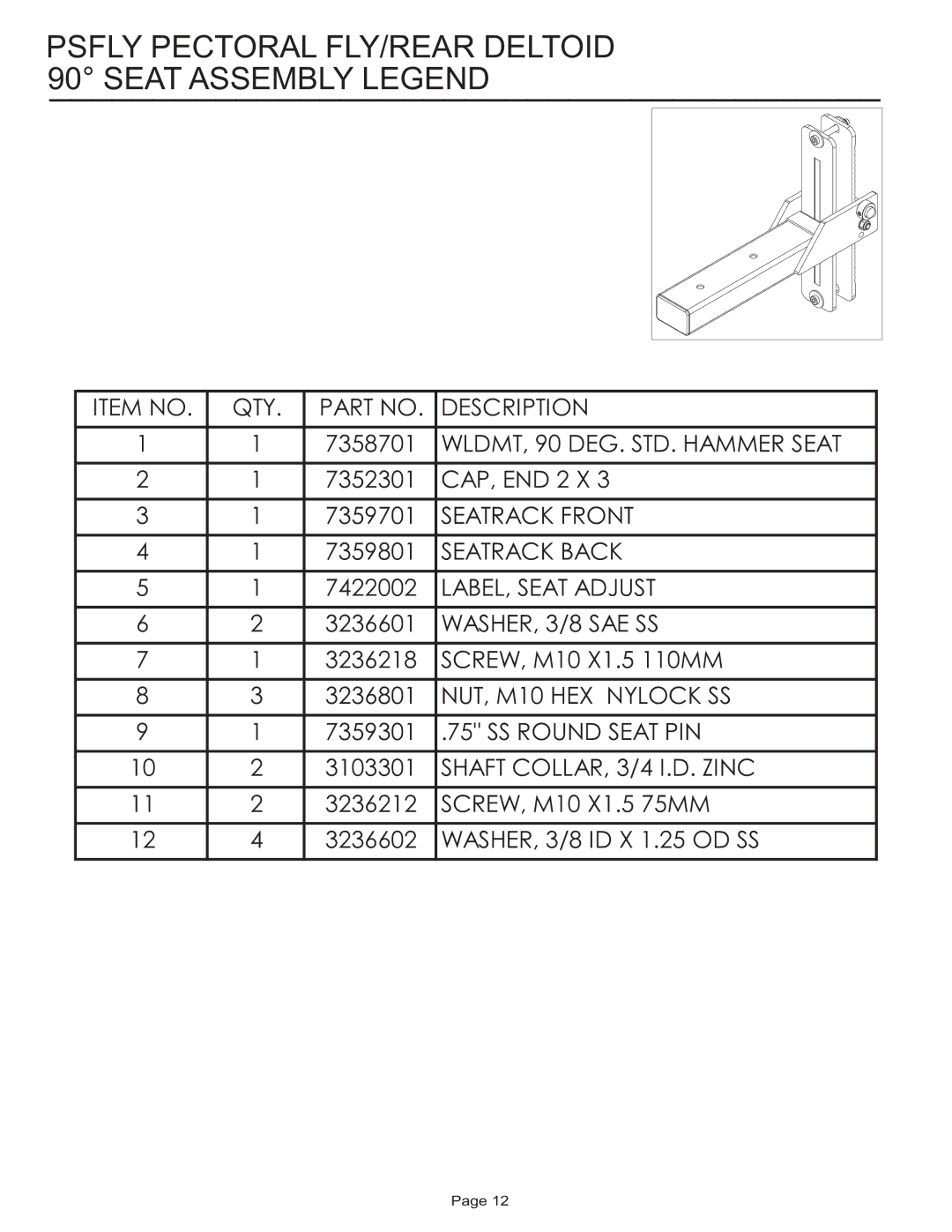 Life Fitness PSFLY manual Psfly Pectoral FLY/REAR Deltoid 90 Seat Assembly Legend 