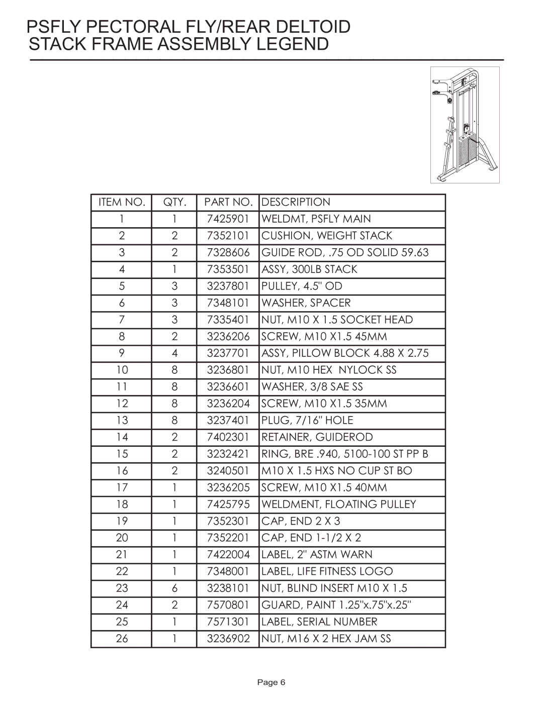 Life Fitness PSFLY manual Psfly Pectoral FLY/REAR Deltoid Stack Frame Assembly Legend 