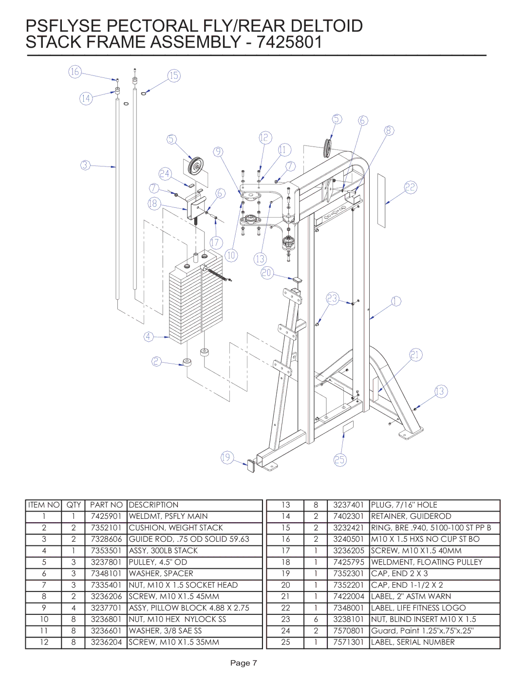 Life Fitness PSFLYSE manual Psflyse Pectoral FLY/REAR Deltoid Stack Frame Assembly, CUSHION, Weight Stack 