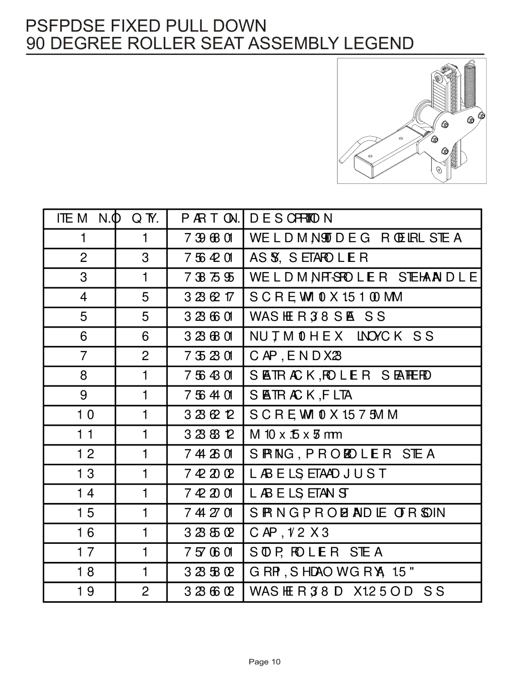 Life Fitness PSFPDSE manual Psfpdse Fixed Pull Down Degree Roller Seat Assembly Legend 