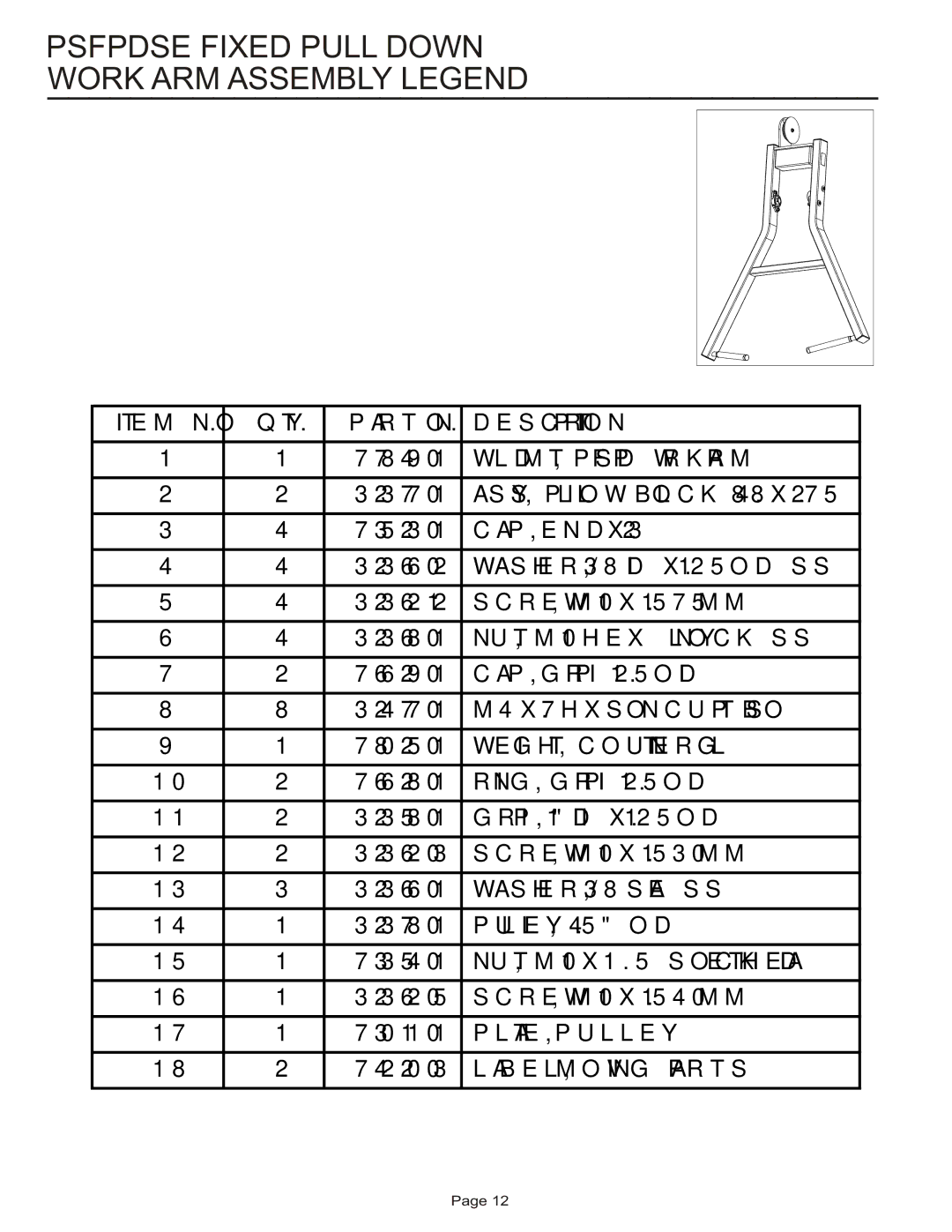 Life Fitness PSFPDSE manual Psfpdse Fixed Pull Down Work ARM Assembly Legend, ASSY, Pillow Block 4.88 X 