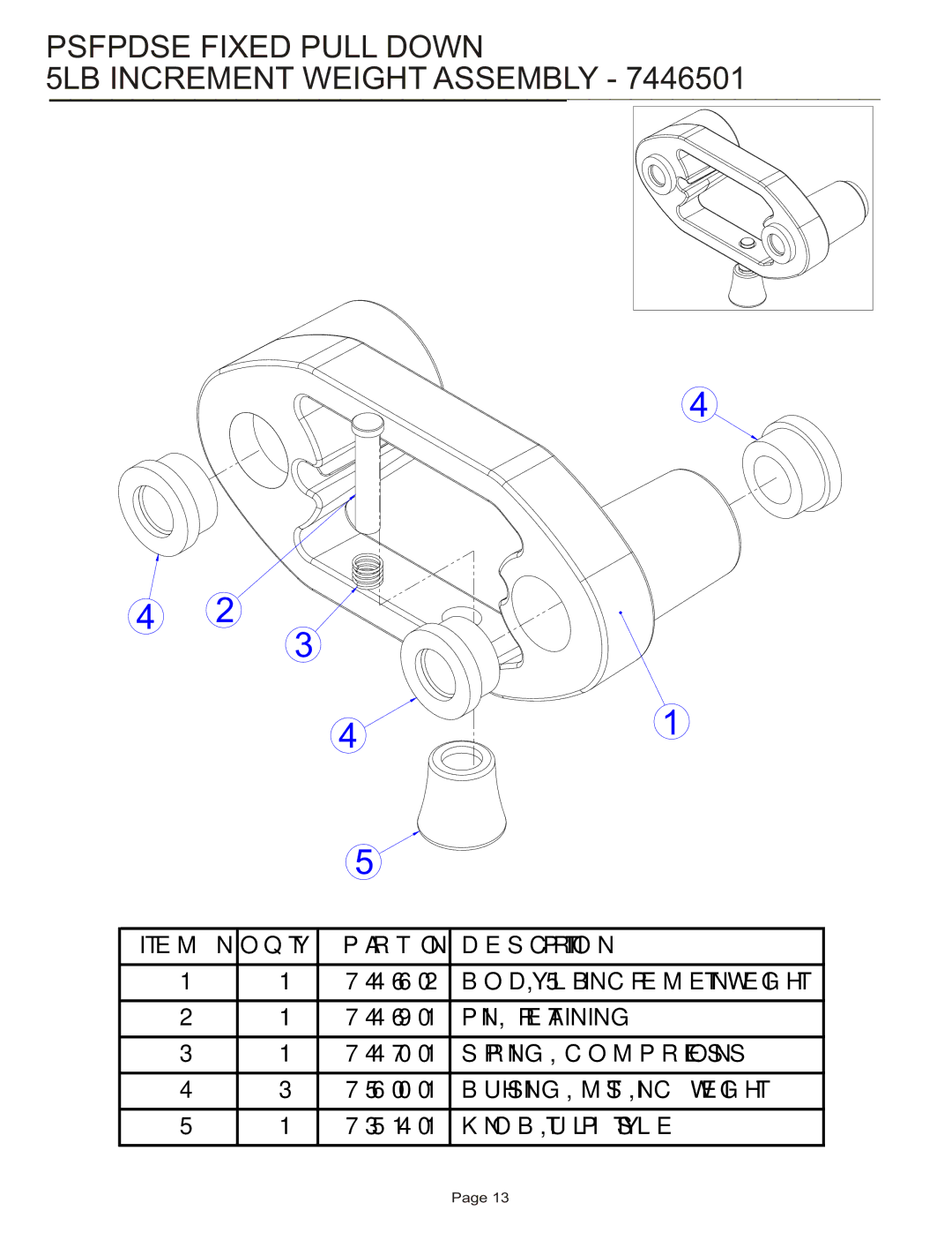 Life Fitness PSFPDSE manual Psfpdse Fixed Pull Down 5LB Increment Weight Assembly 