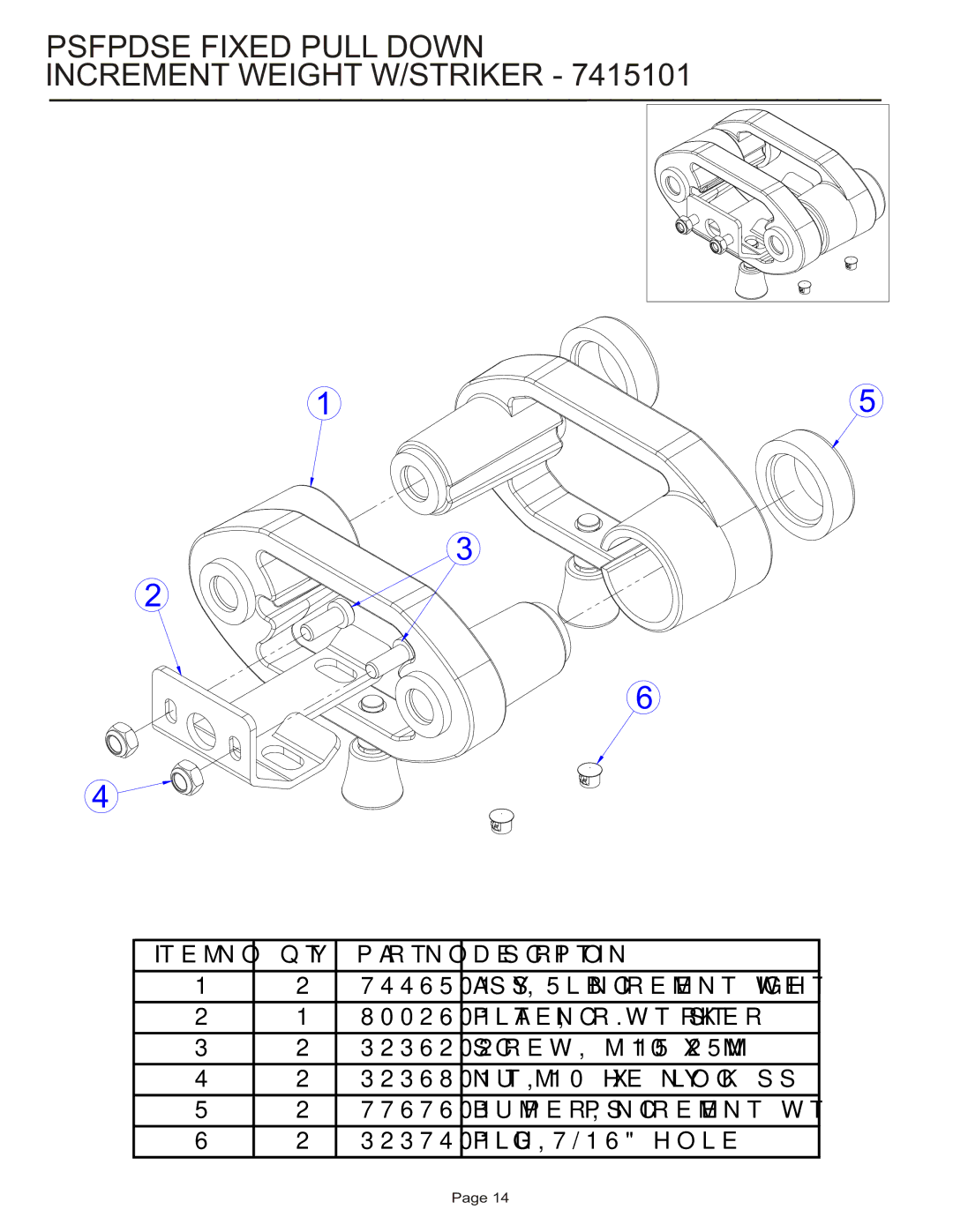 Life Fitness PSFPDSE manual Psfpdse Fixed Pull Down Increment Weight W/STRIKER 