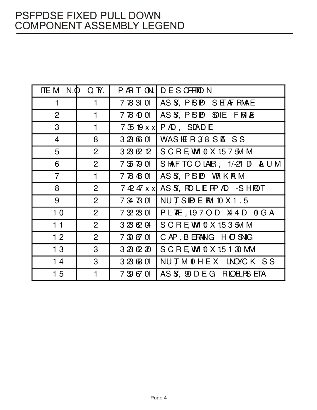 Life Fitness PSFPDSE manual Psfpdse Fixed Pull Down Component Assembly Legend 