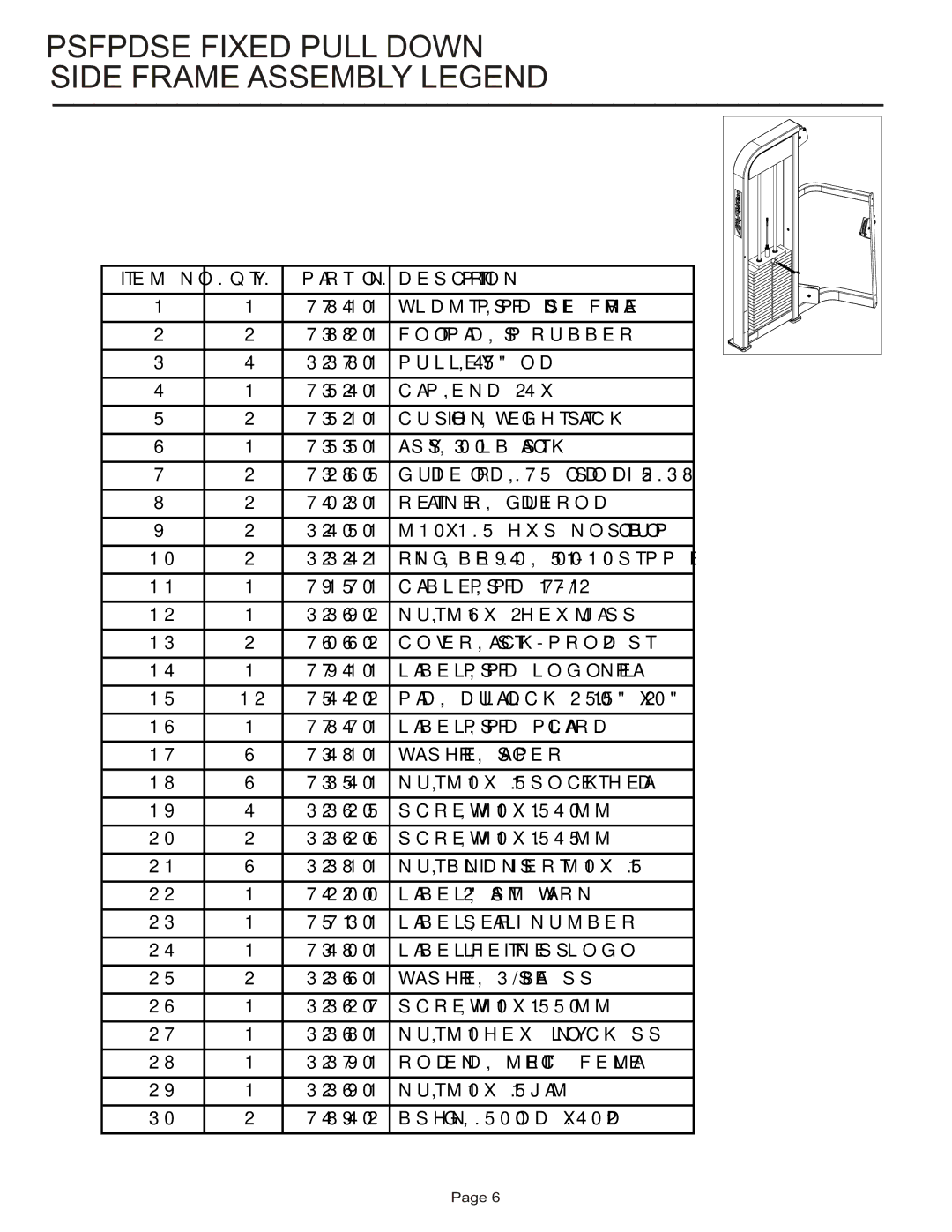 Life Fitness PSFPDSE manual Psfpdse Fixed Pull Down Side Frame Assembly Legend 