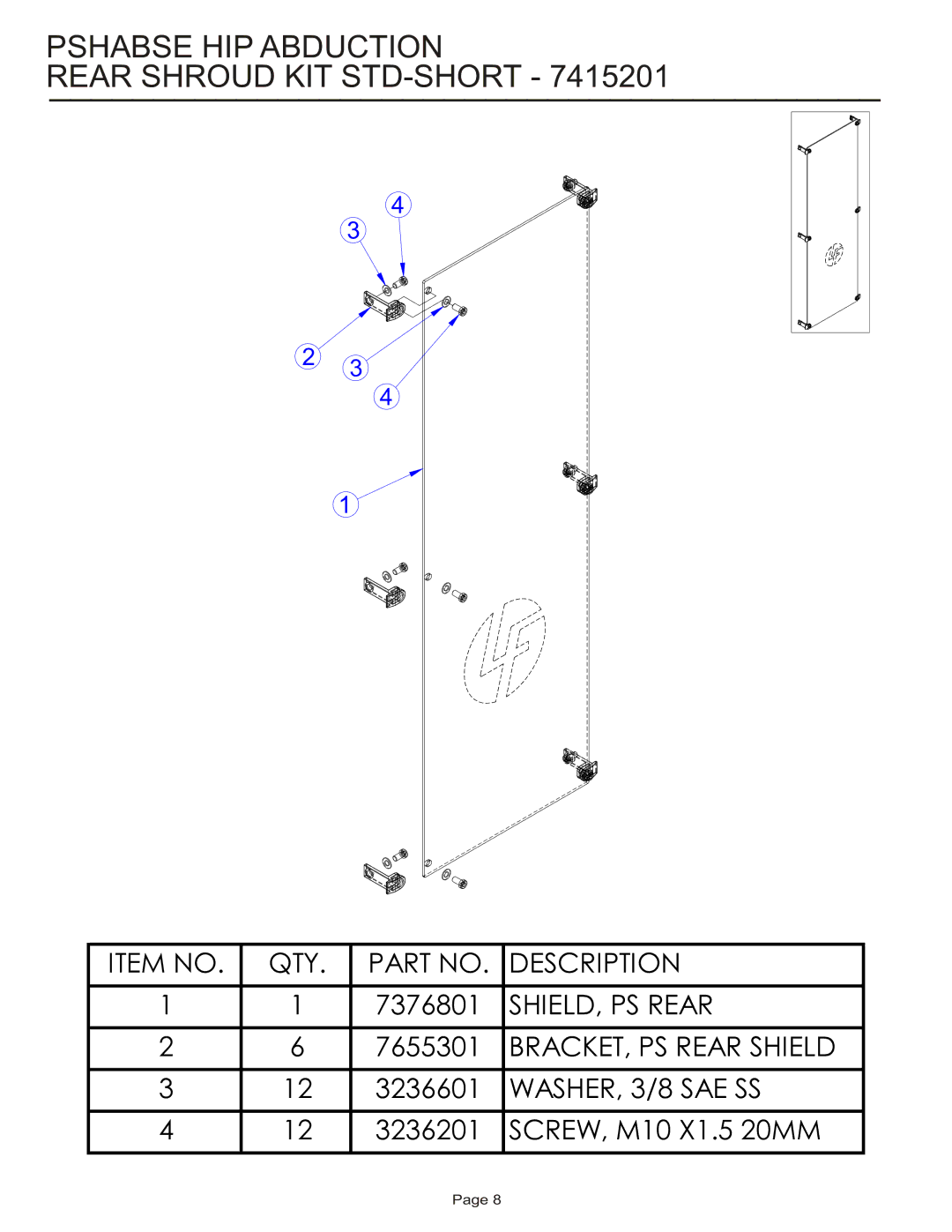 Life Fitness PSHABSE manual Pshabse HIP Abduction Rear Shroud KIT STD-SHORT 