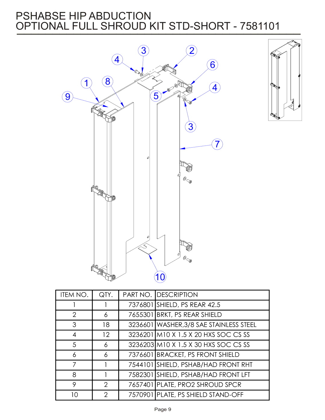 Life Fitness PSHABSE manual Pshabse HIP Abduction Optional Full Shroud KIT STD-SHORT 