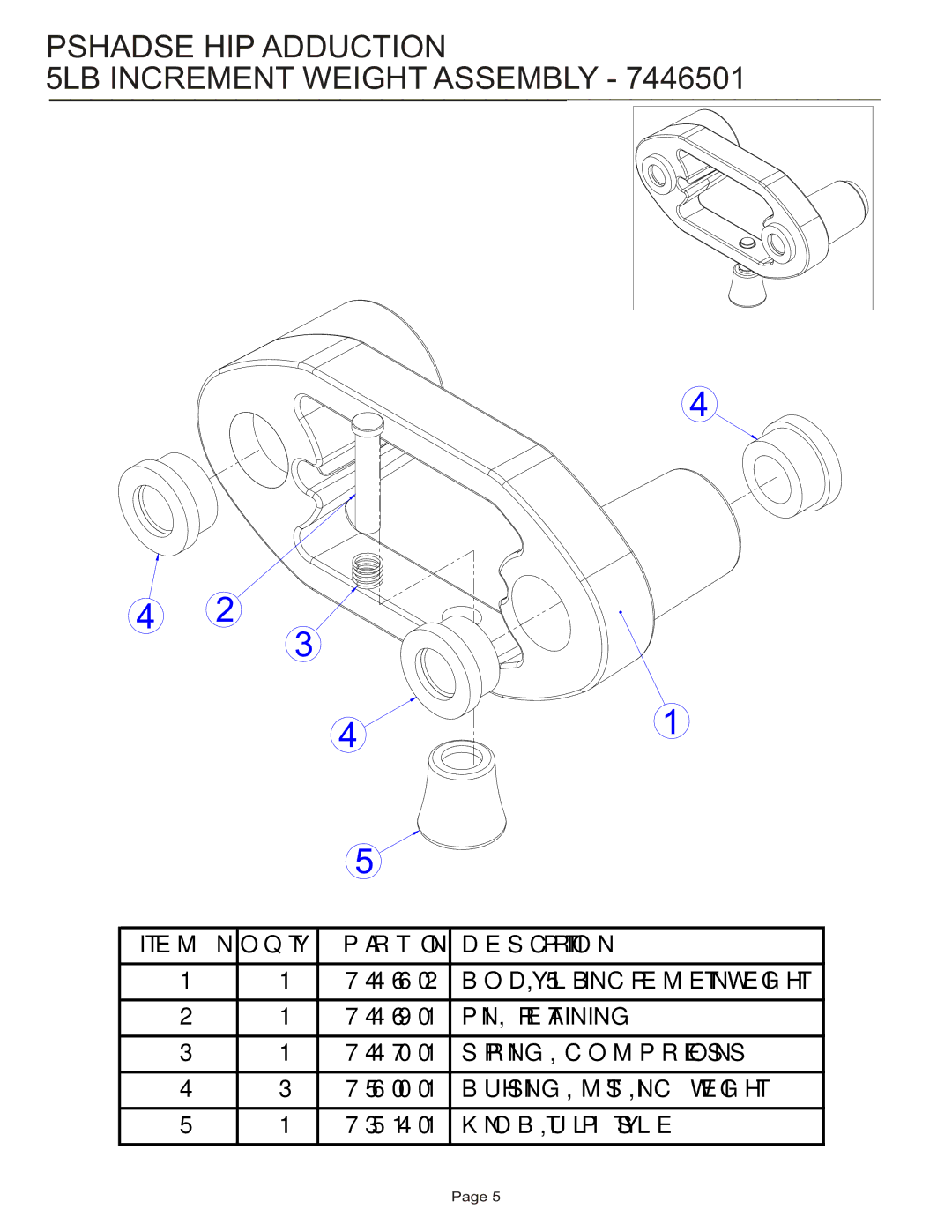 Life Fitness PSHADSE manual Pshadse HIP Adduction 5LB Increment Weight Assembly 