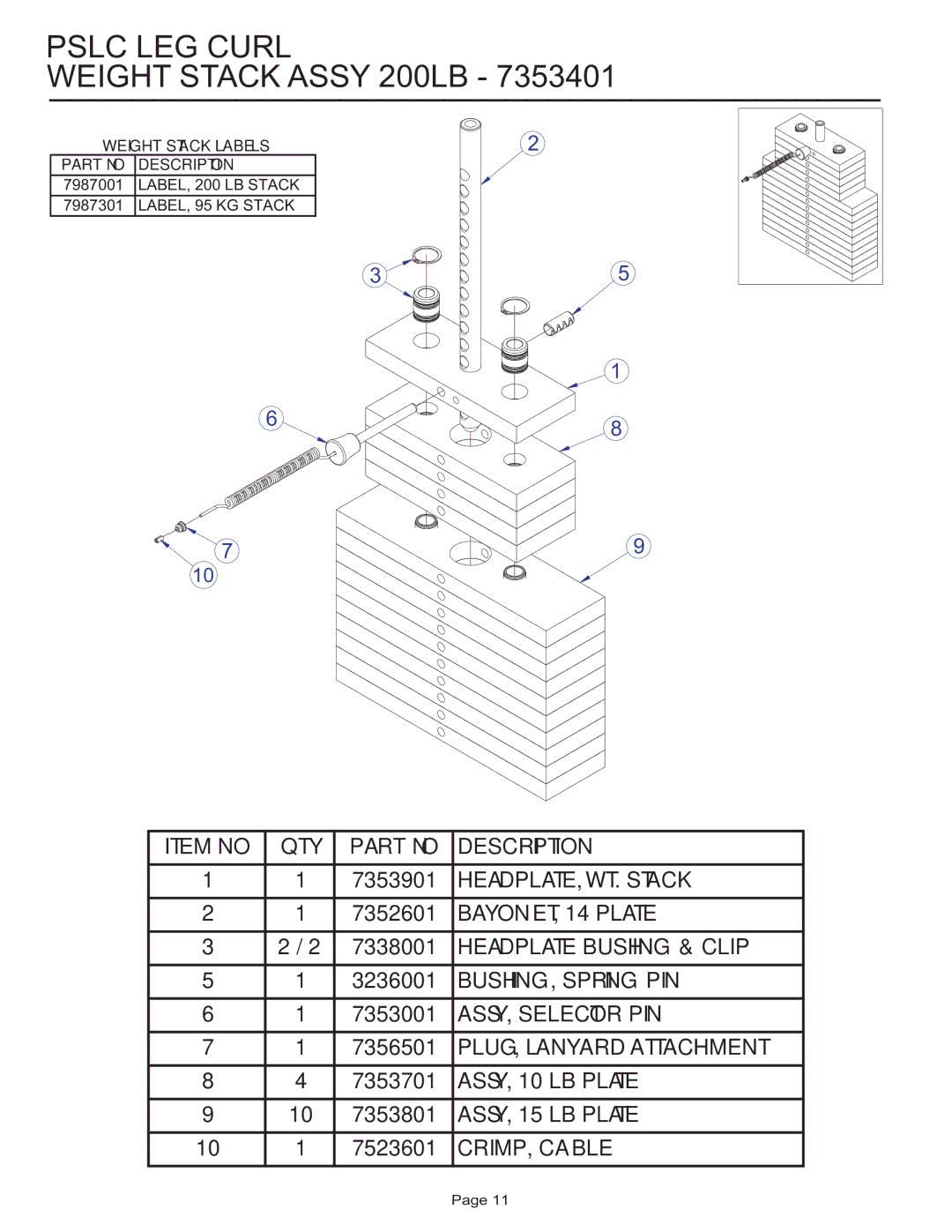 Life Fitness PSLC manual Pslc LEG Curl Weight Stack Assy 200LB 