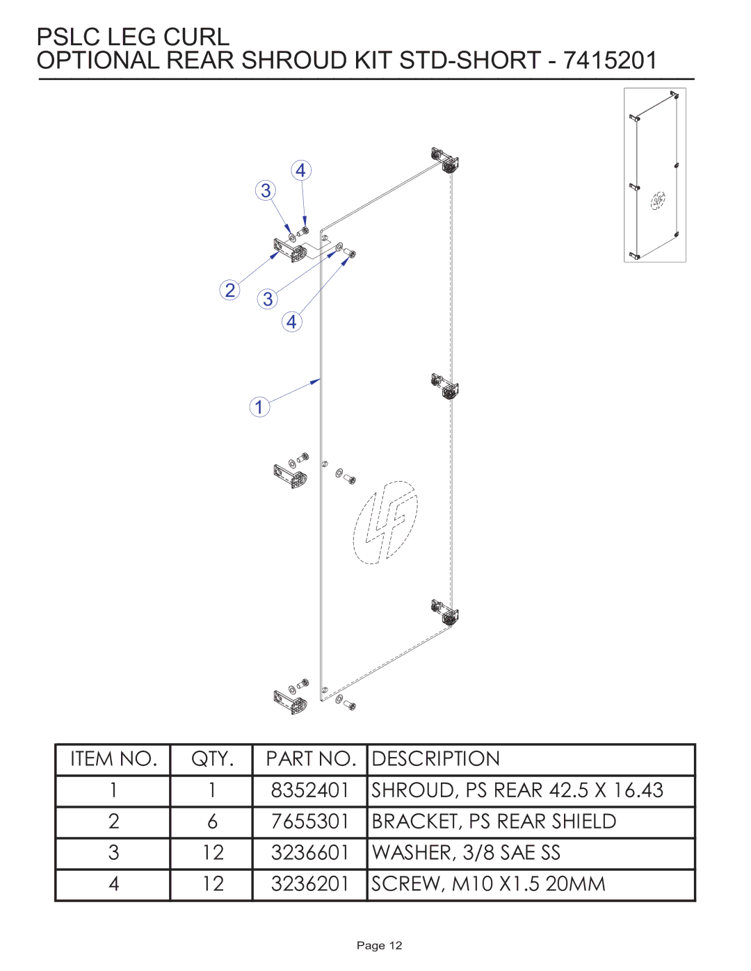 Life Fitness PSLC manual Pslc LEG Curl Optional Rear Shroud KIT STD-SHORT 