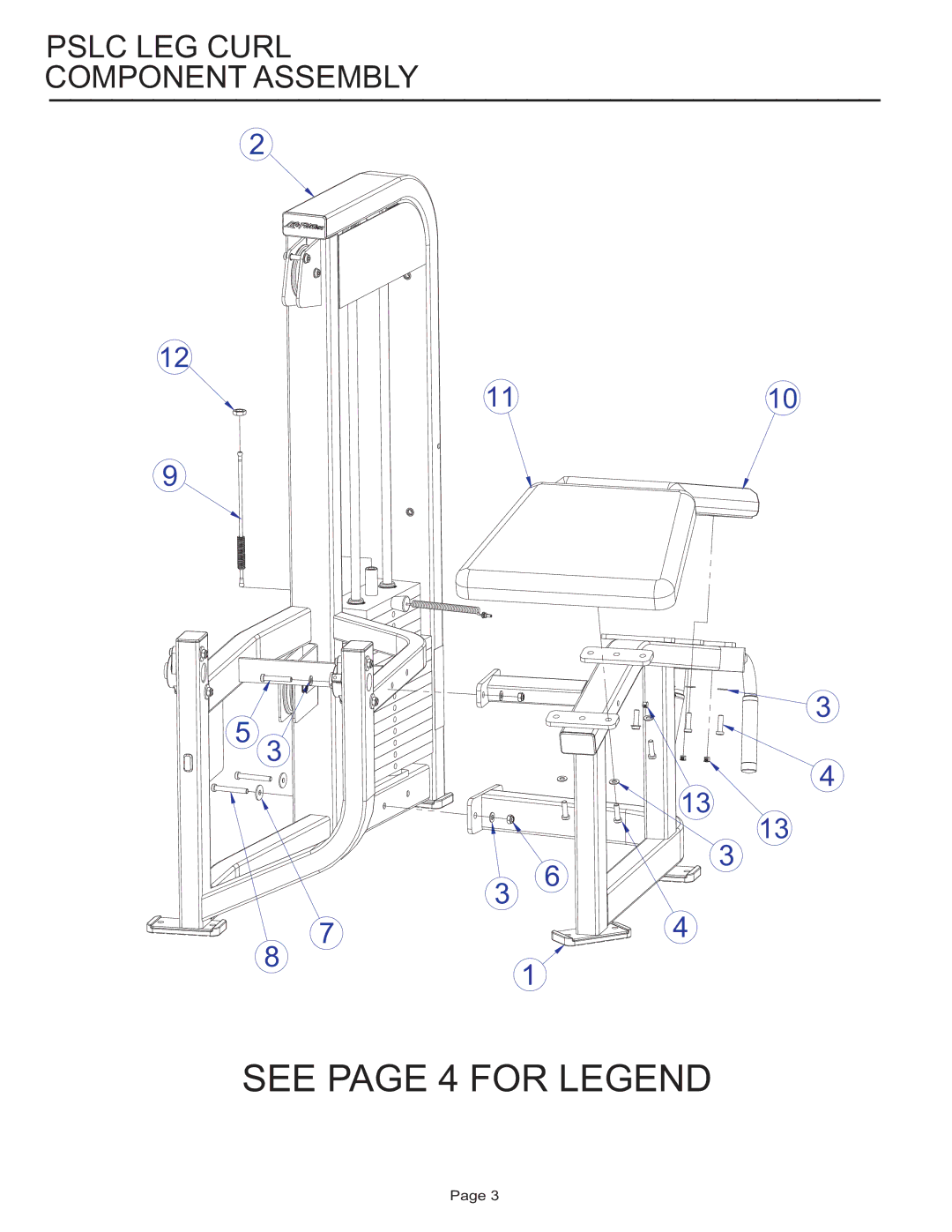 Life Fitness PSLC manual See page 4 for Legend, Pslc LEG Curl Component Assembly 