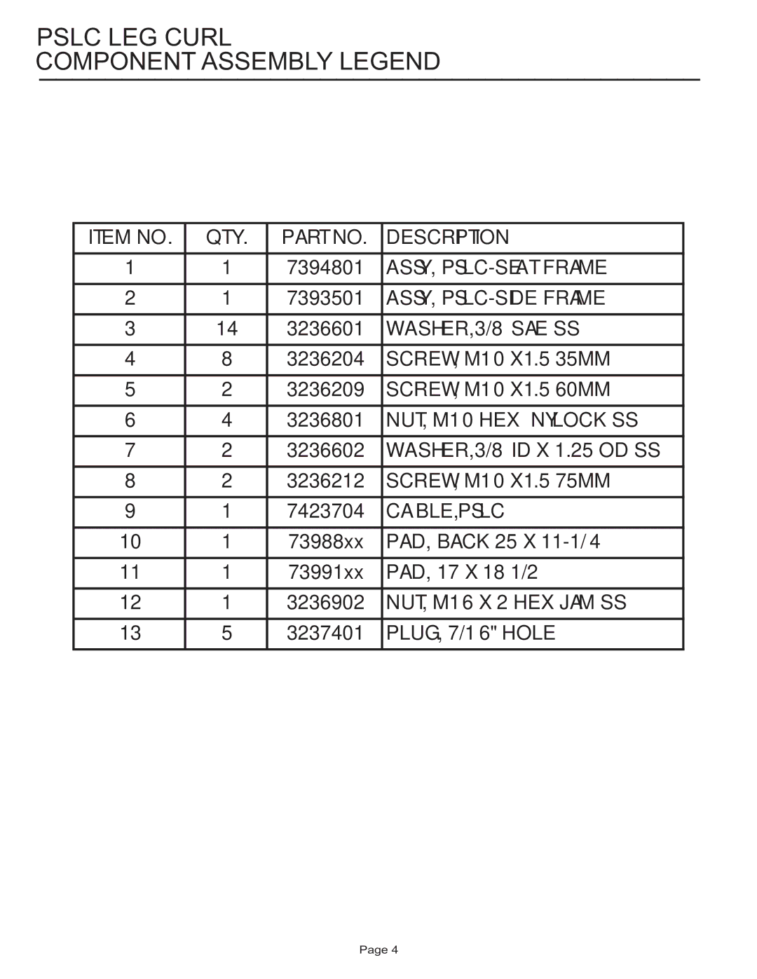 Life Fitness PSLC manual Pslc LEG Curl Component Assembly Legend 