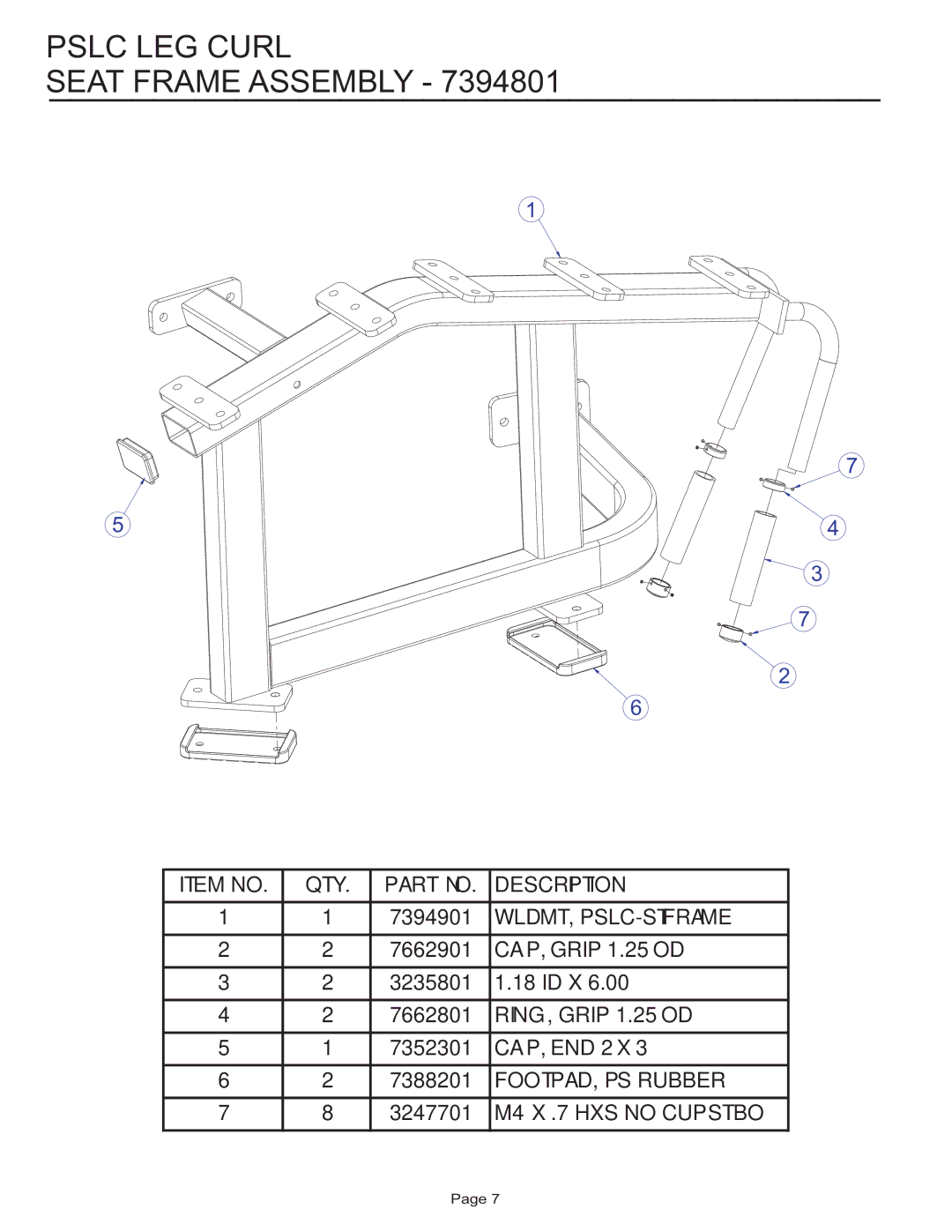 Life Fitness PSLC manual Pslc LEG Curl Seat Frame Assembly 