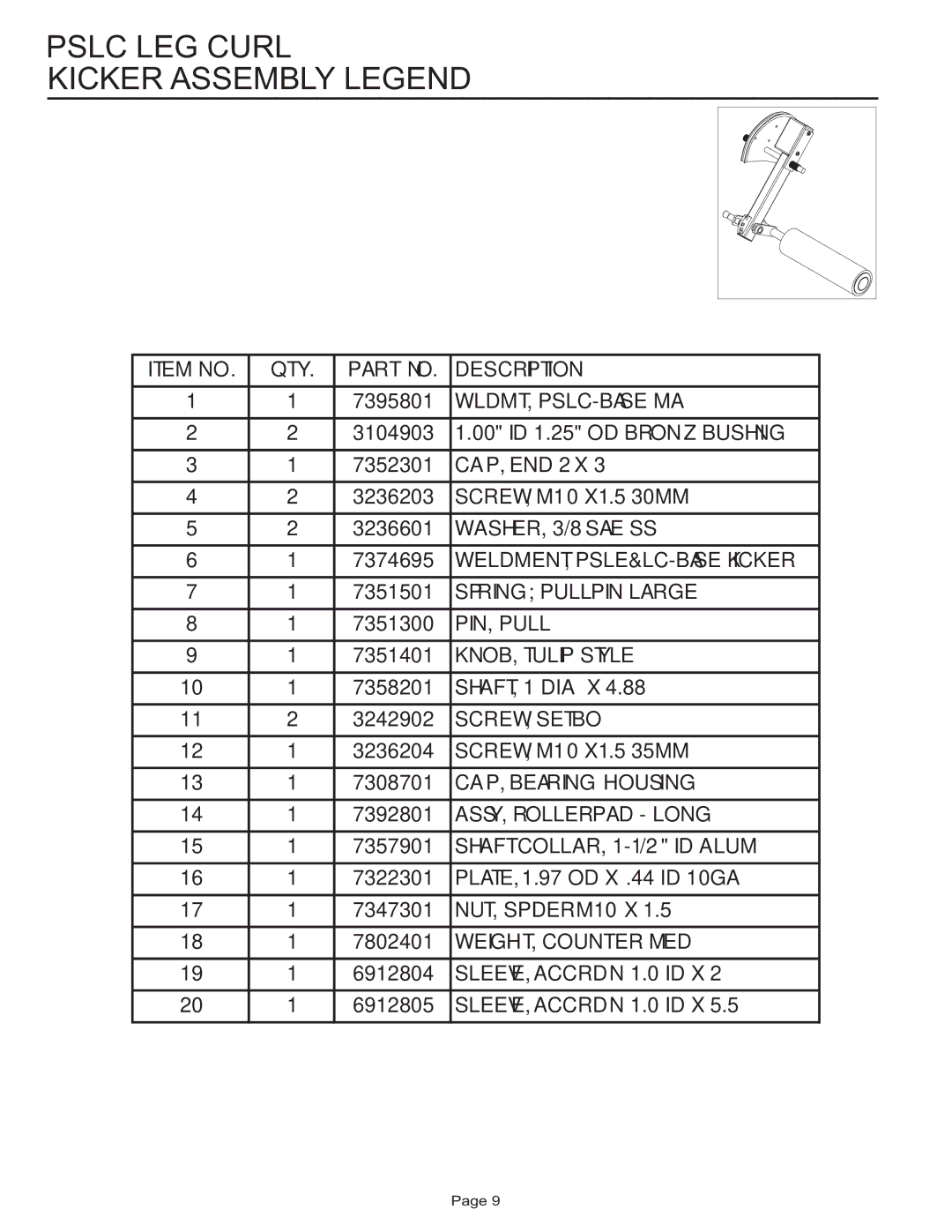 Life Fitness PSLC manual Pslc LEG Curl Kicker Assembly Legend 